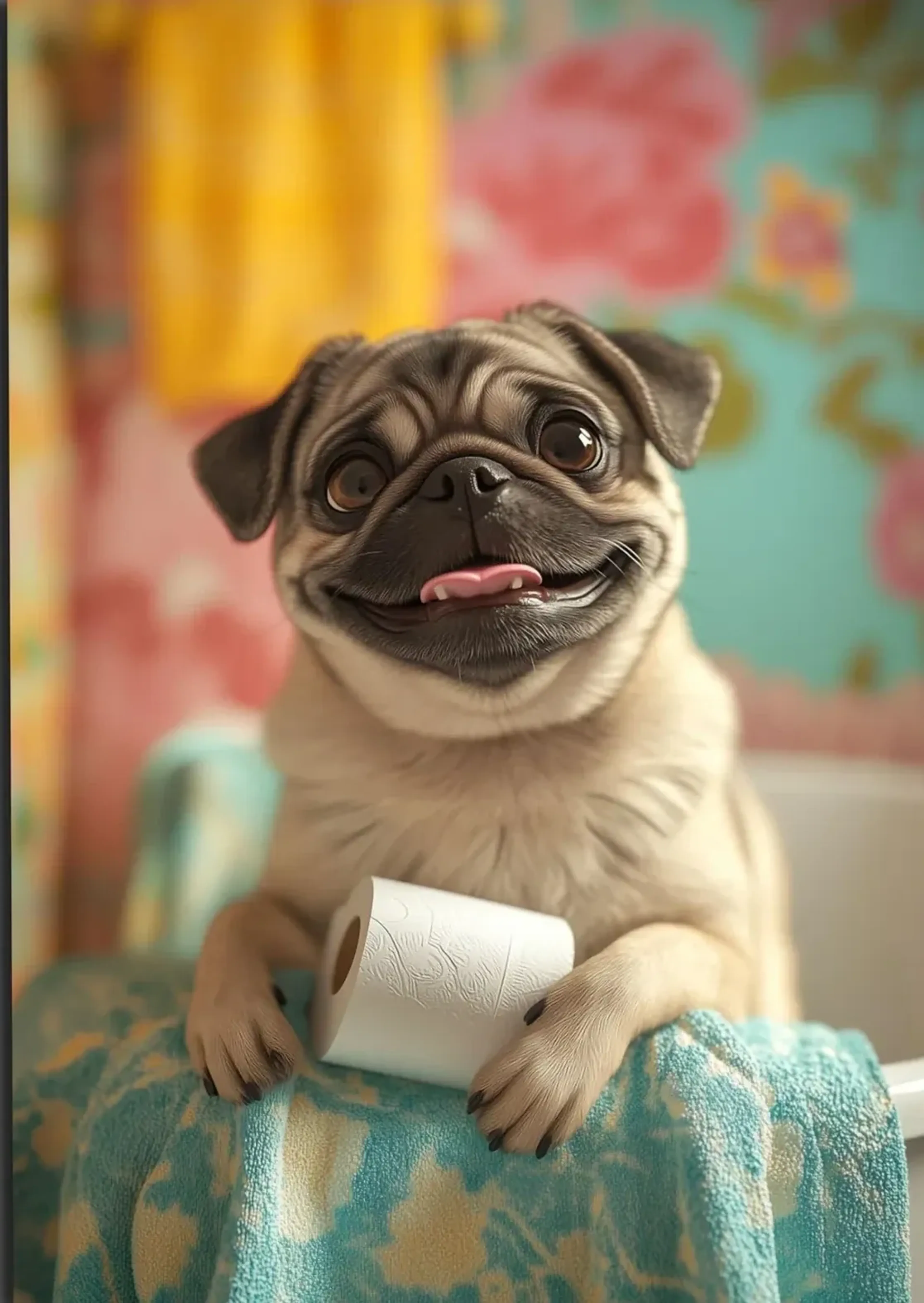 Mops mit Klopapier – Motiv als Wandbild auf Holz