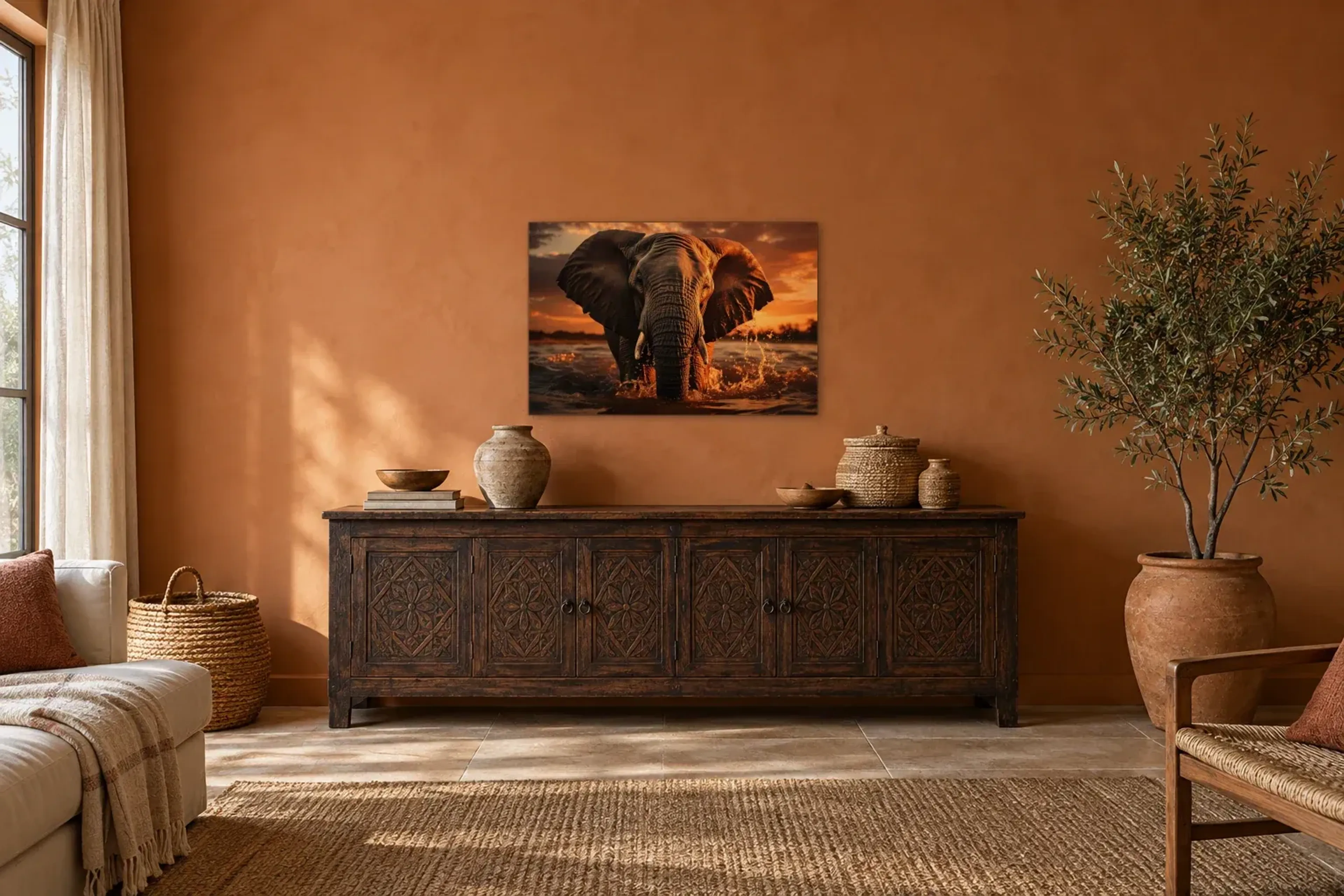 Elefant im Abendwasser als Wandbild über einem 180-cm-Sideboard