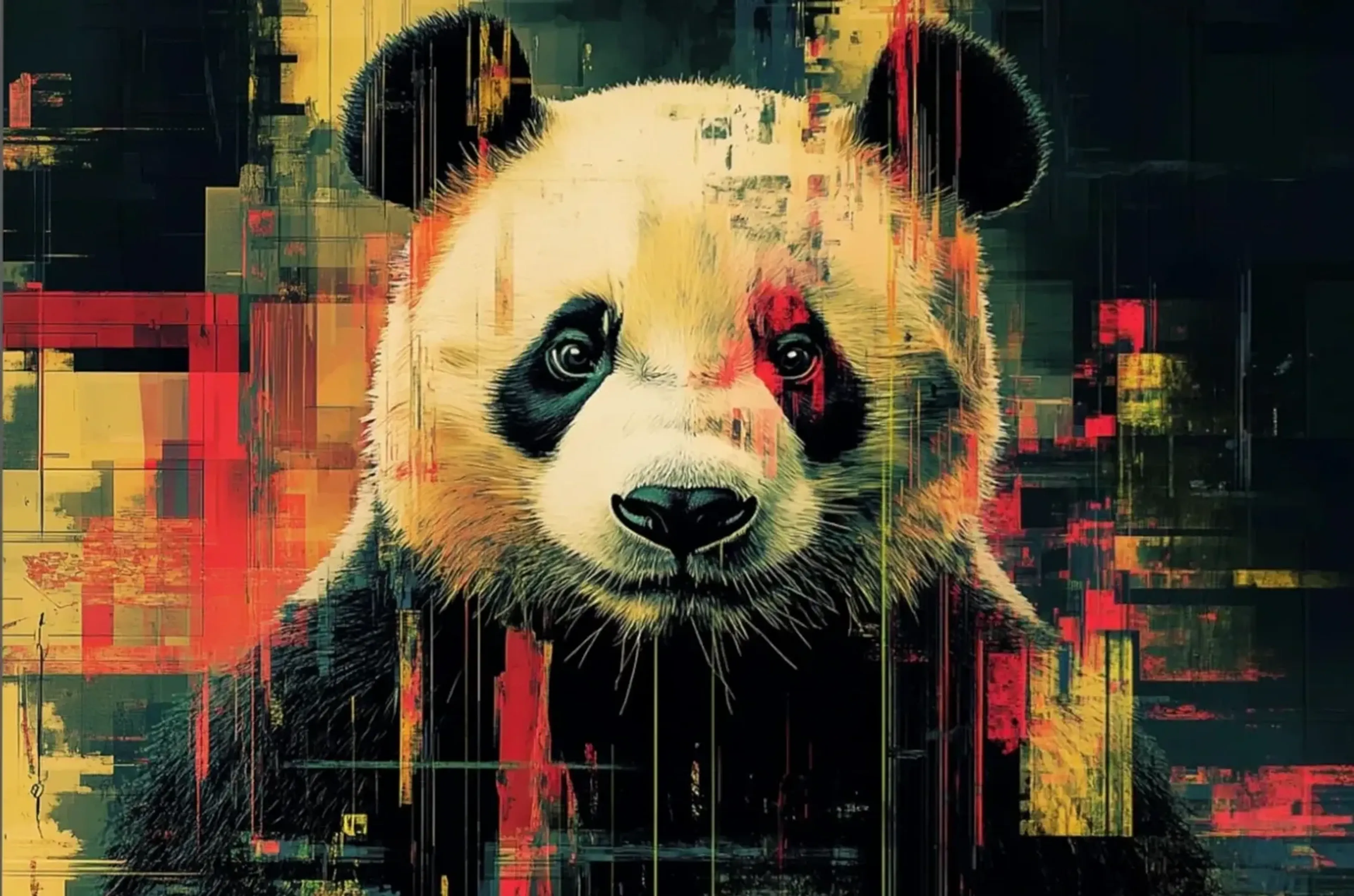 Panda im Farbgeflecht – Motiv als Wandbild auf Holz