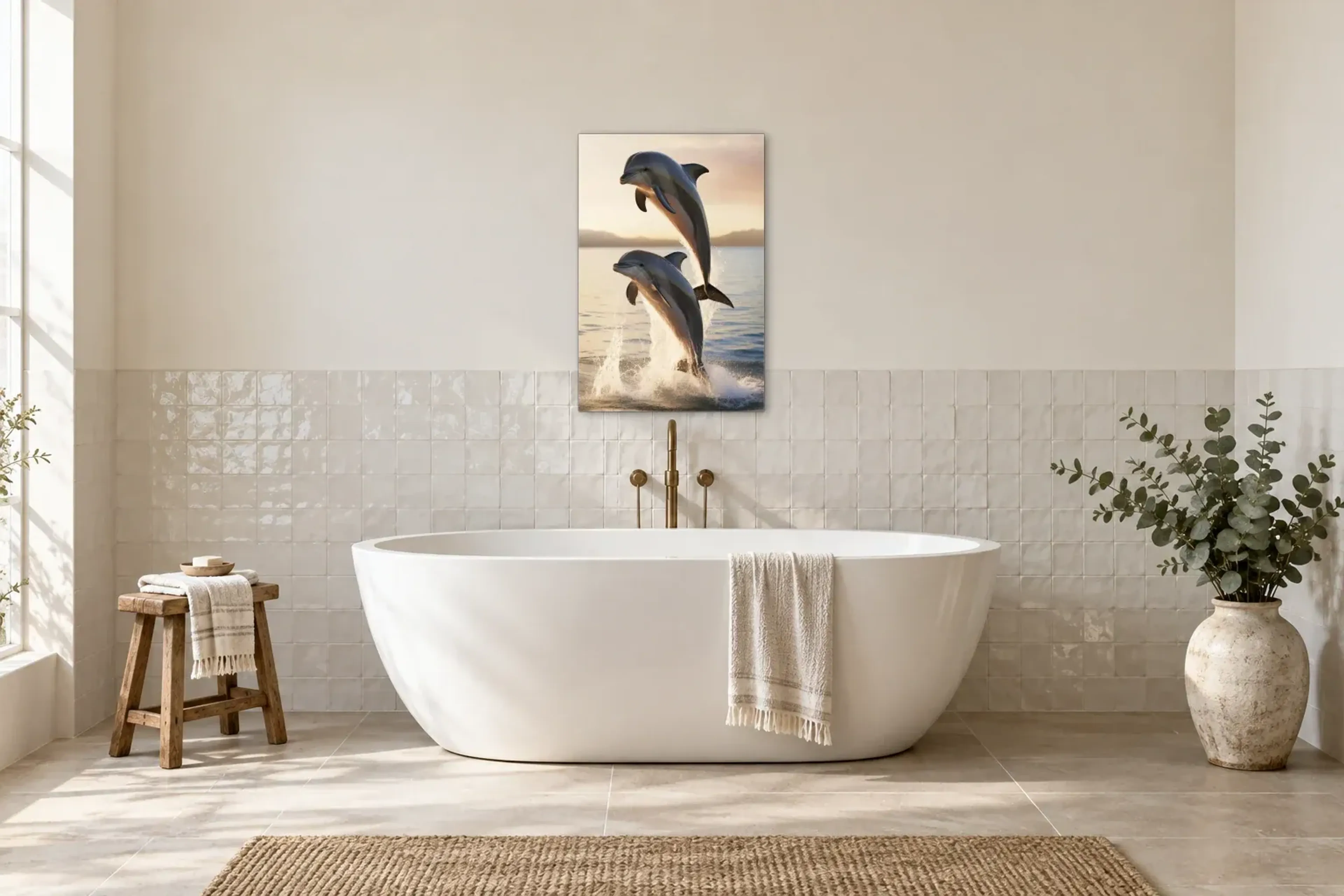 Delfine im Abendlicht als Wandbild über einer 170-cm-Badewanne