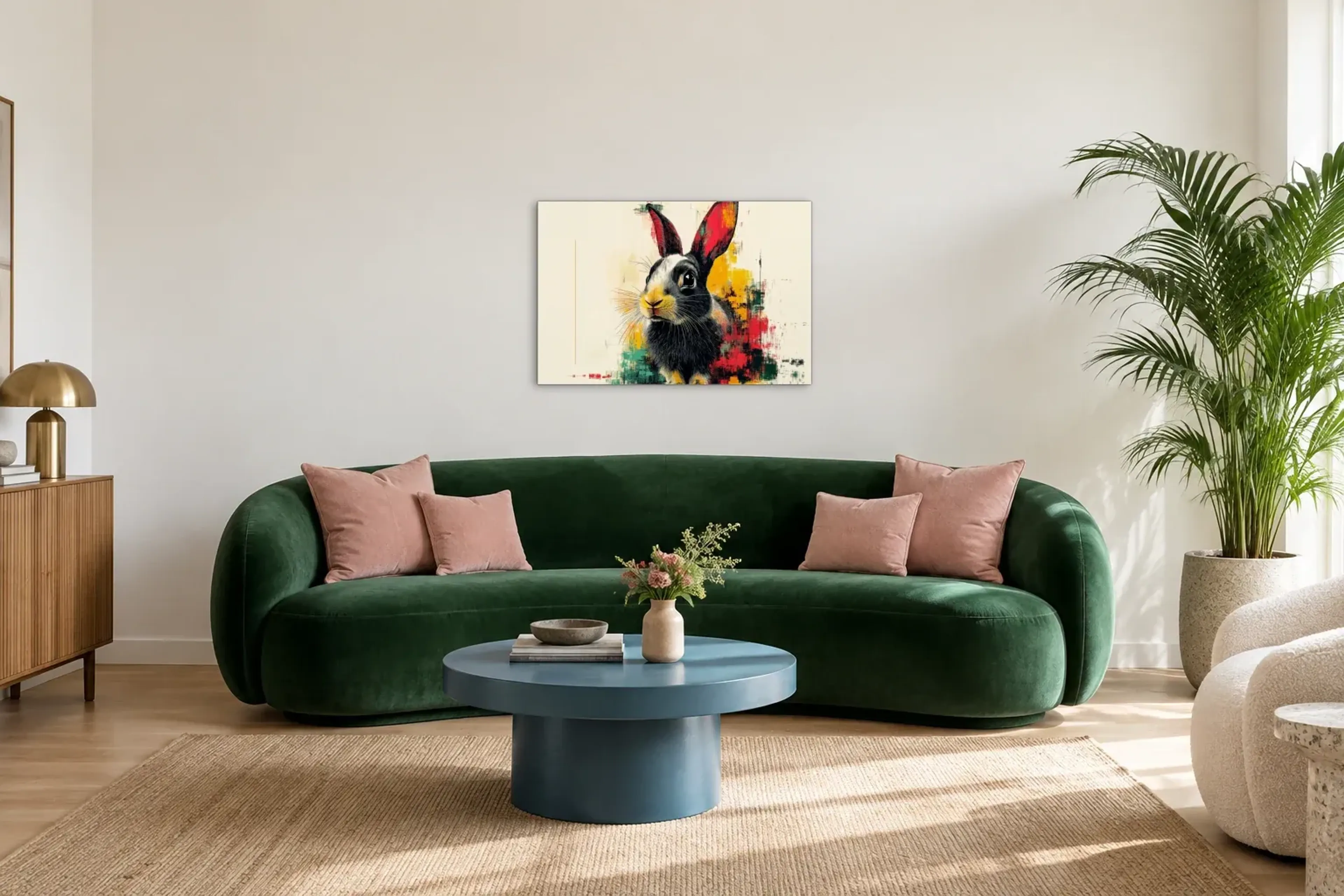 Hase auf Creme als Wandbild über einem 220-cm-Sofa