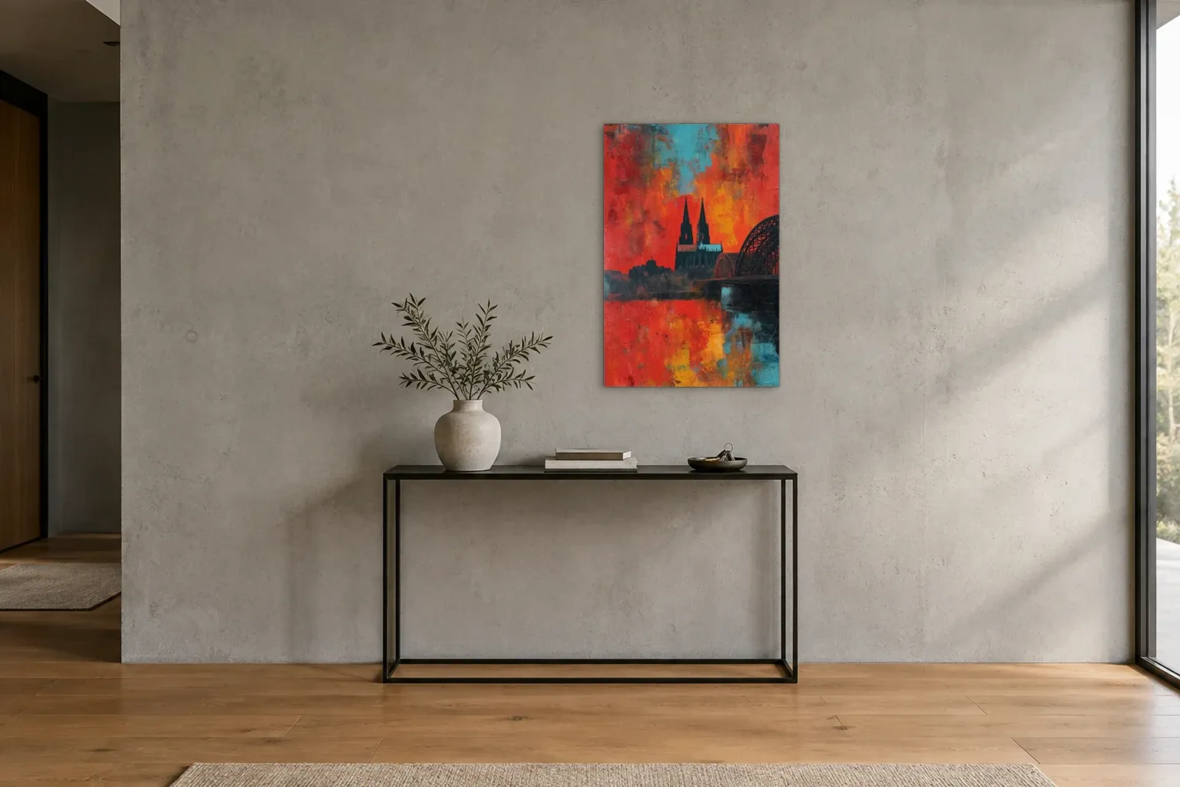 Köln in Rotglut als Wandbild über einer 120-cm-Konsole