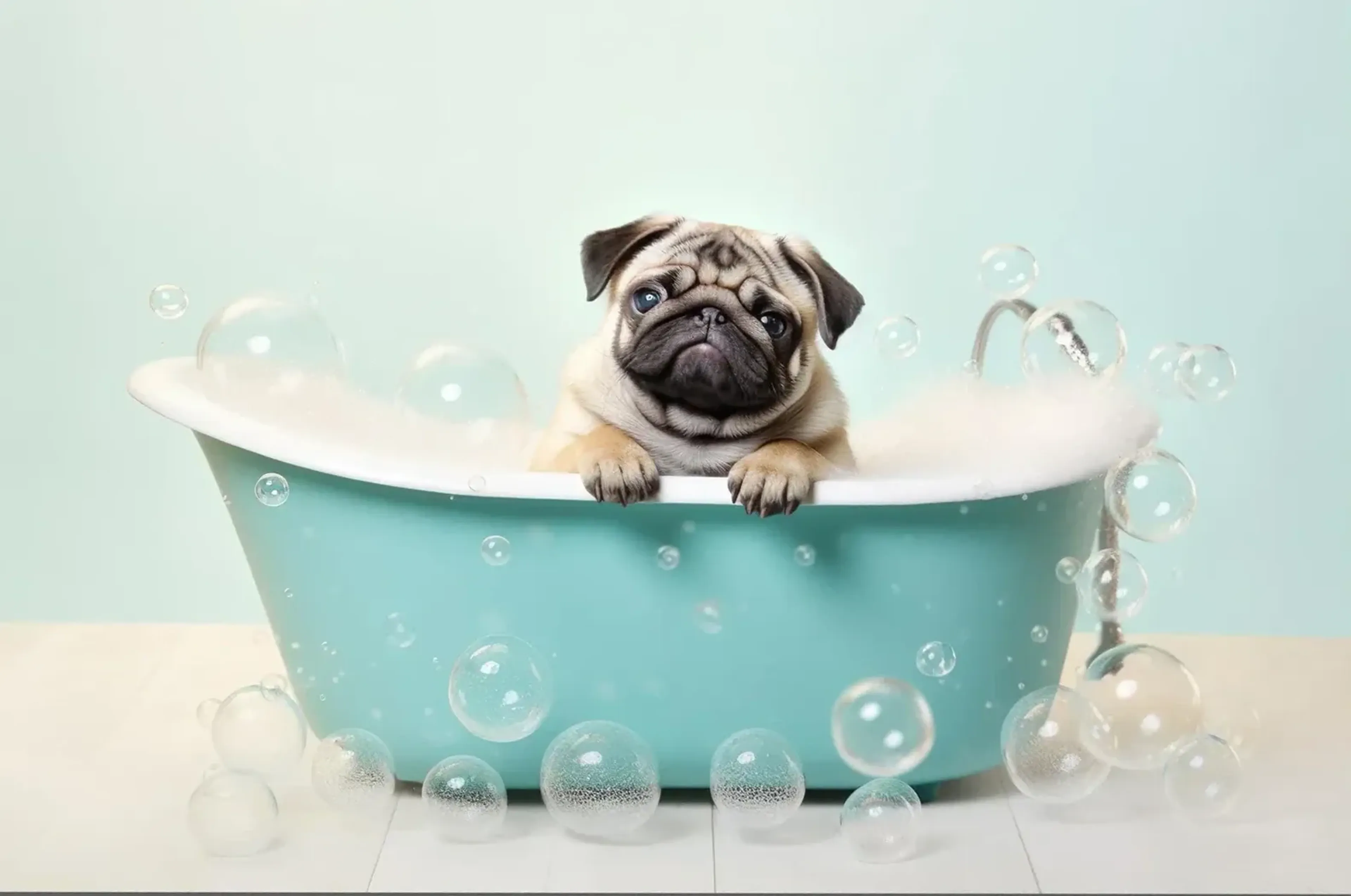 Ein Mops schaut aus einer türkisfarbenen Badewanne mit Schaum, umgeben von schwebenden Seifenblasen.