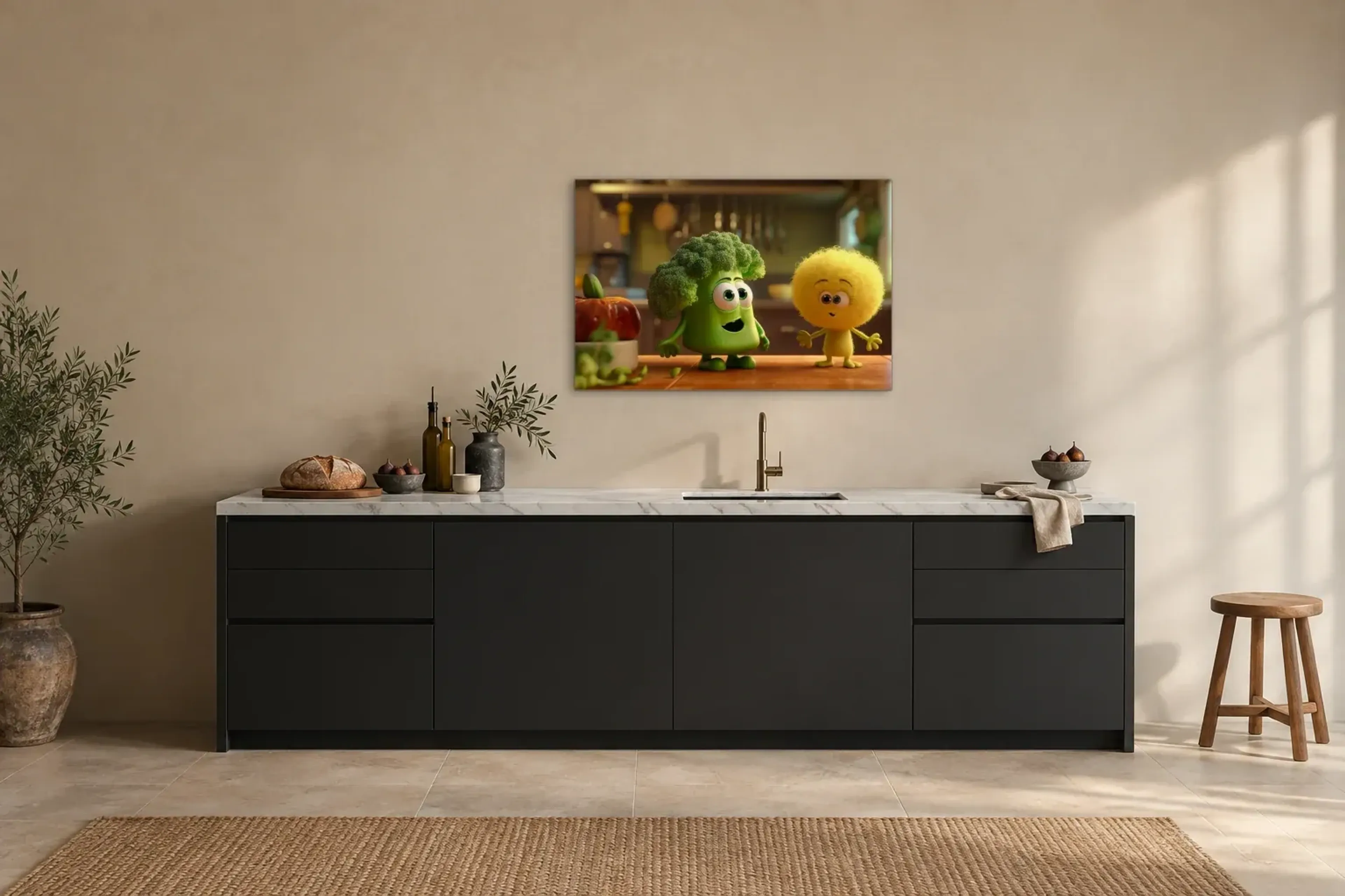 Brokkoli und Wuschelfreund als Wandbild über einer 200-cm-Arbeitsplatte