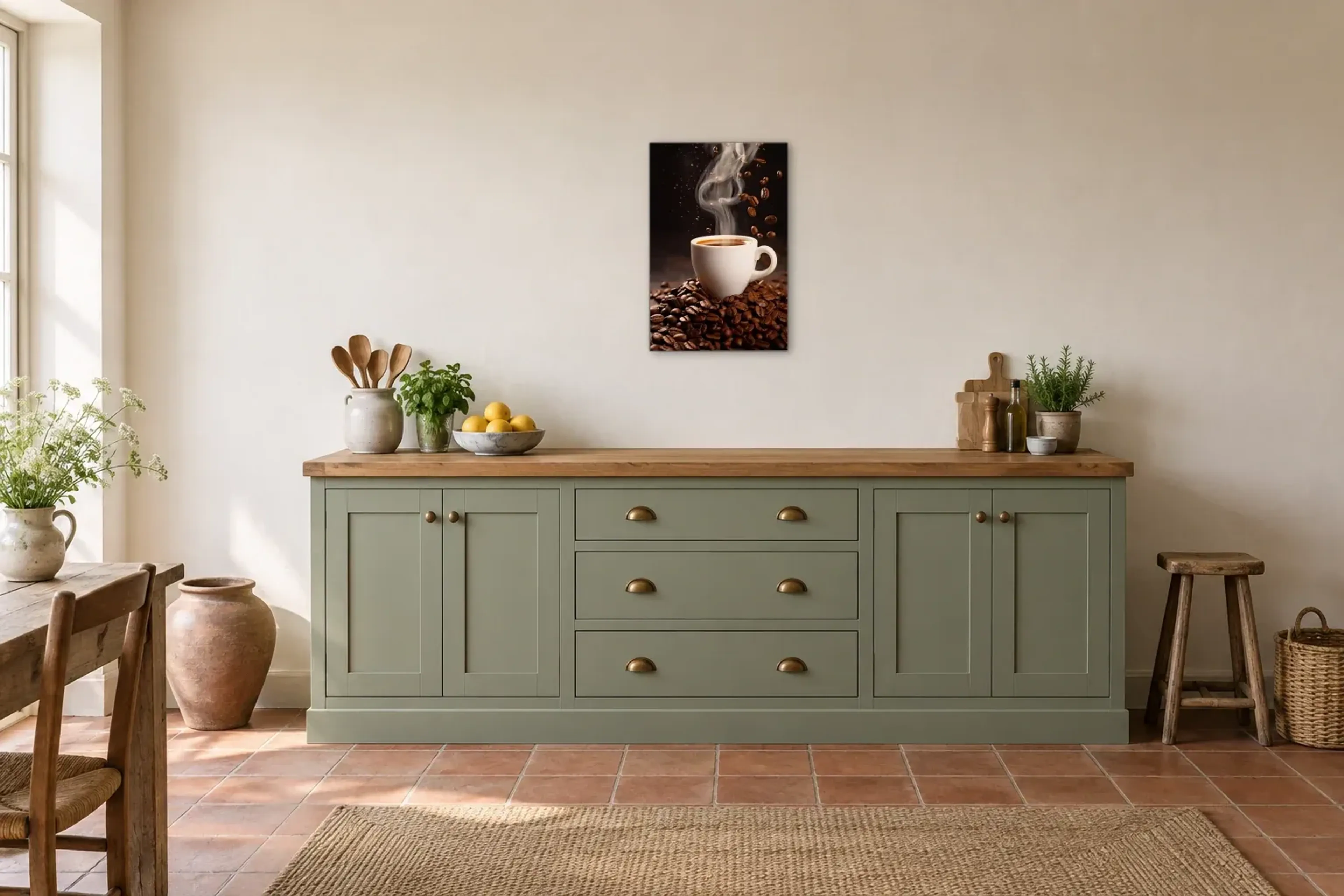 Kaffeetasse im Bohnenbett als Wandbild über einer 200-cm-Arbeitsplatte