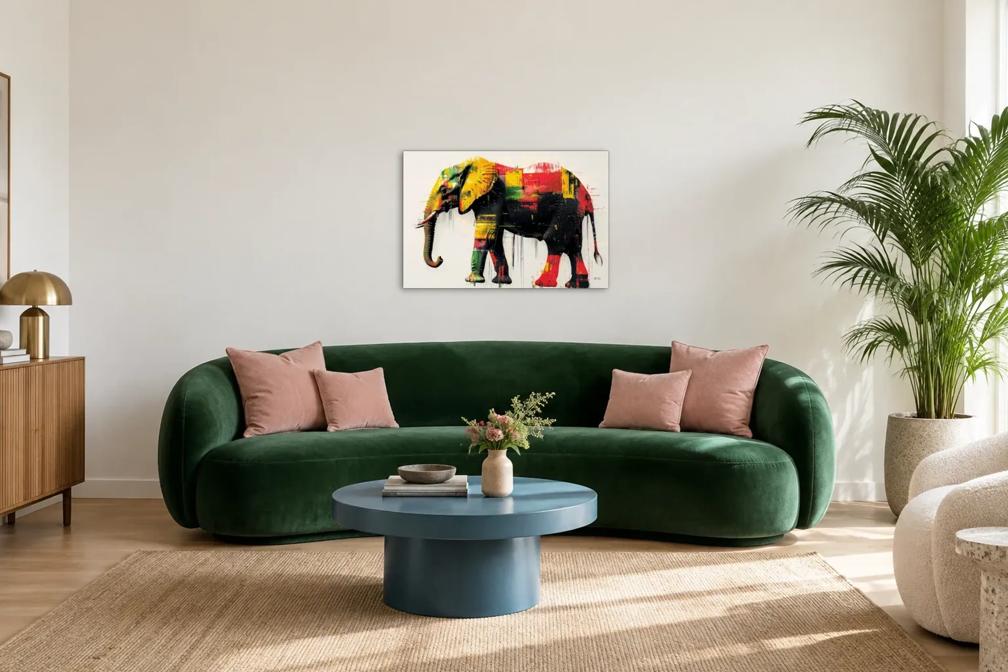 Elefant mit Farbstreifen als Wandbild über einem 220-cm-Sofa