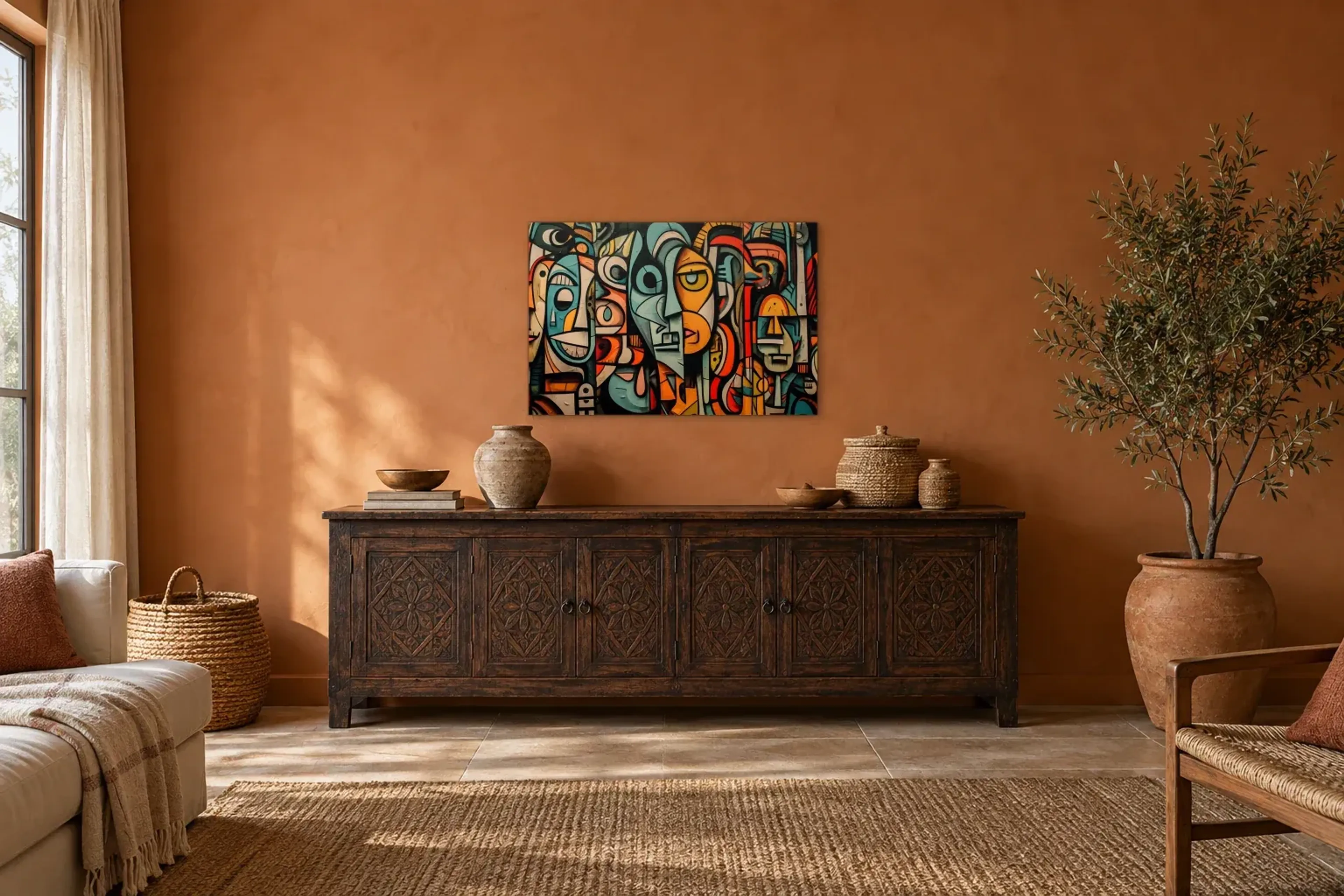 Gesichter im Formenspiel als Wandbild über einem 180-cm-Sideboard