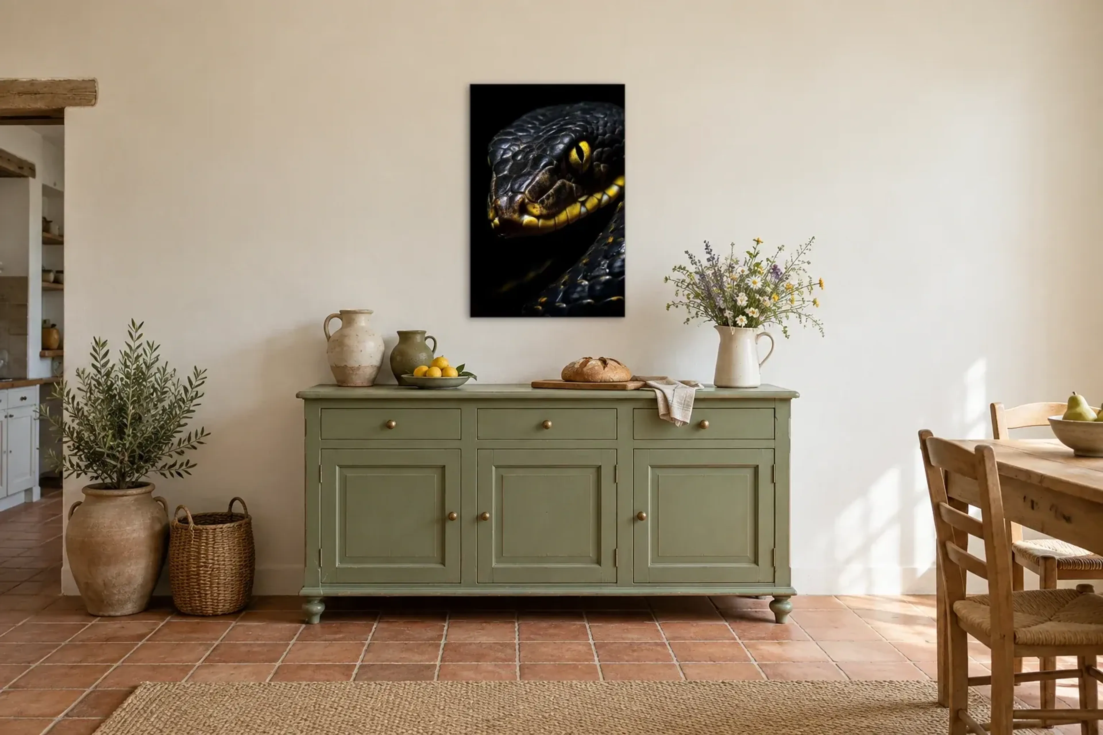Schwarze Schlange als Wandbild über einer 160-cm-Anrichte