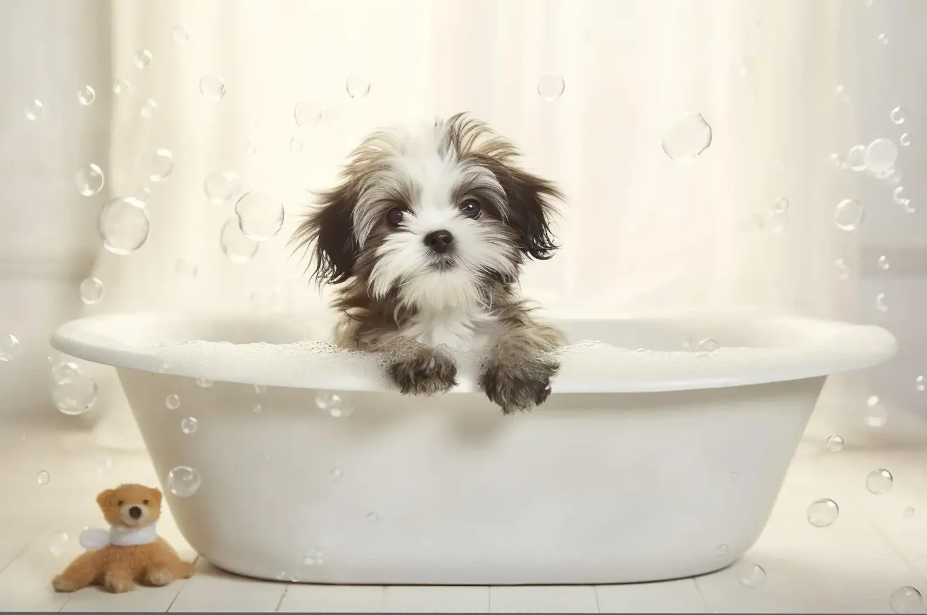 Ein Shih Tzu schaut aus einer weißen Schaumwanne; links daneben sitzt ein kleiner Teddybär.