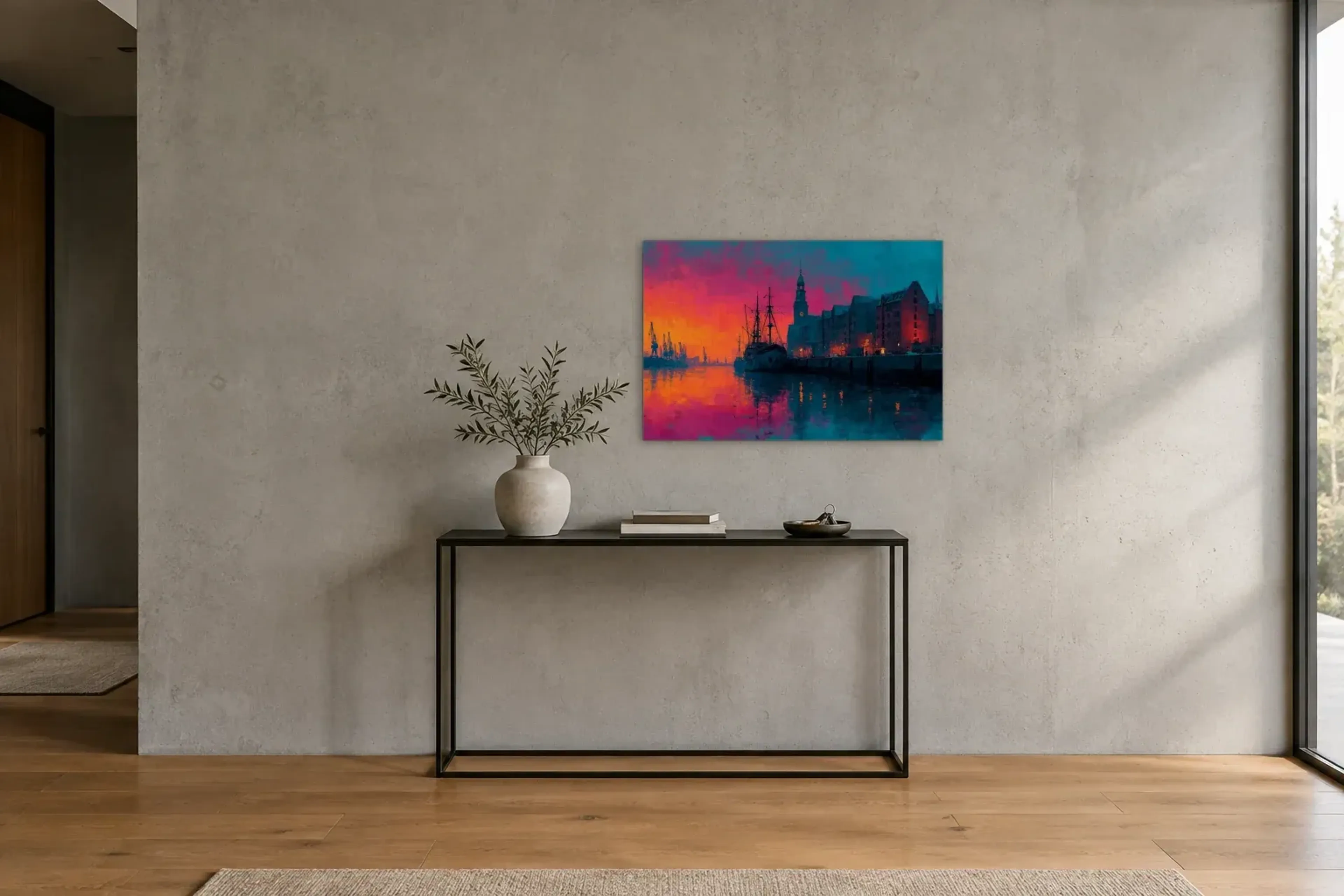 Hafen im Abendrot als Wandbild über einer 120-cm-Konsole