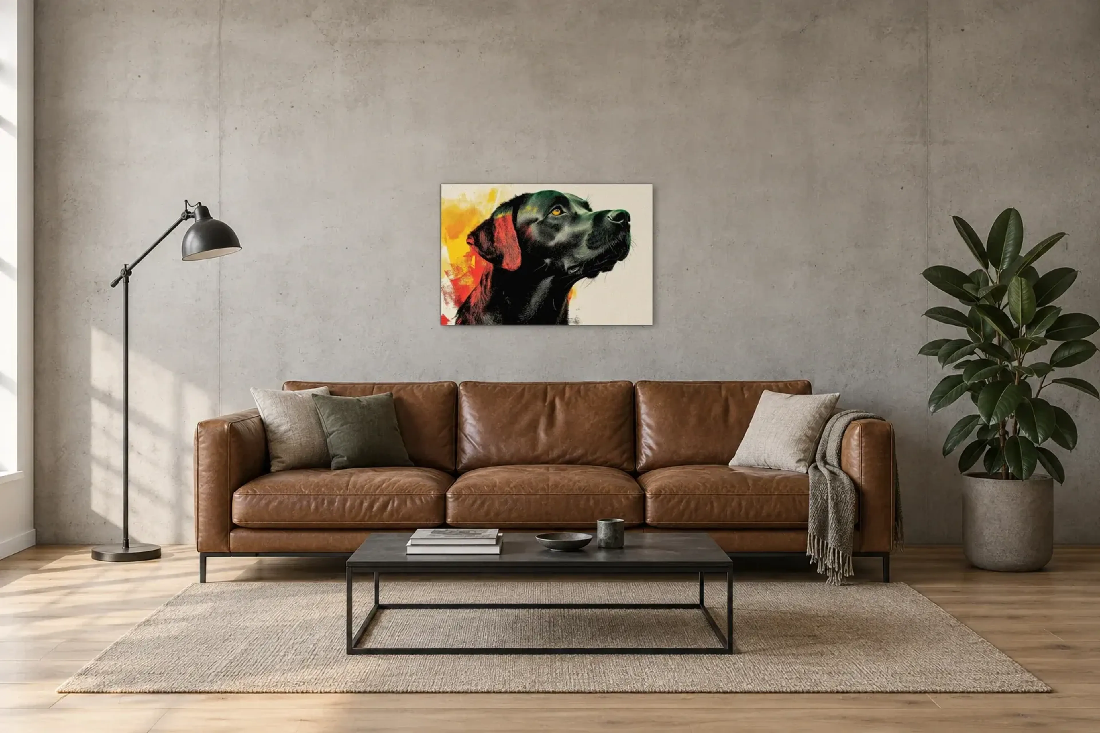 Labrador mit goldenem Blick als Wandbild über einem 220-cm-Sofa