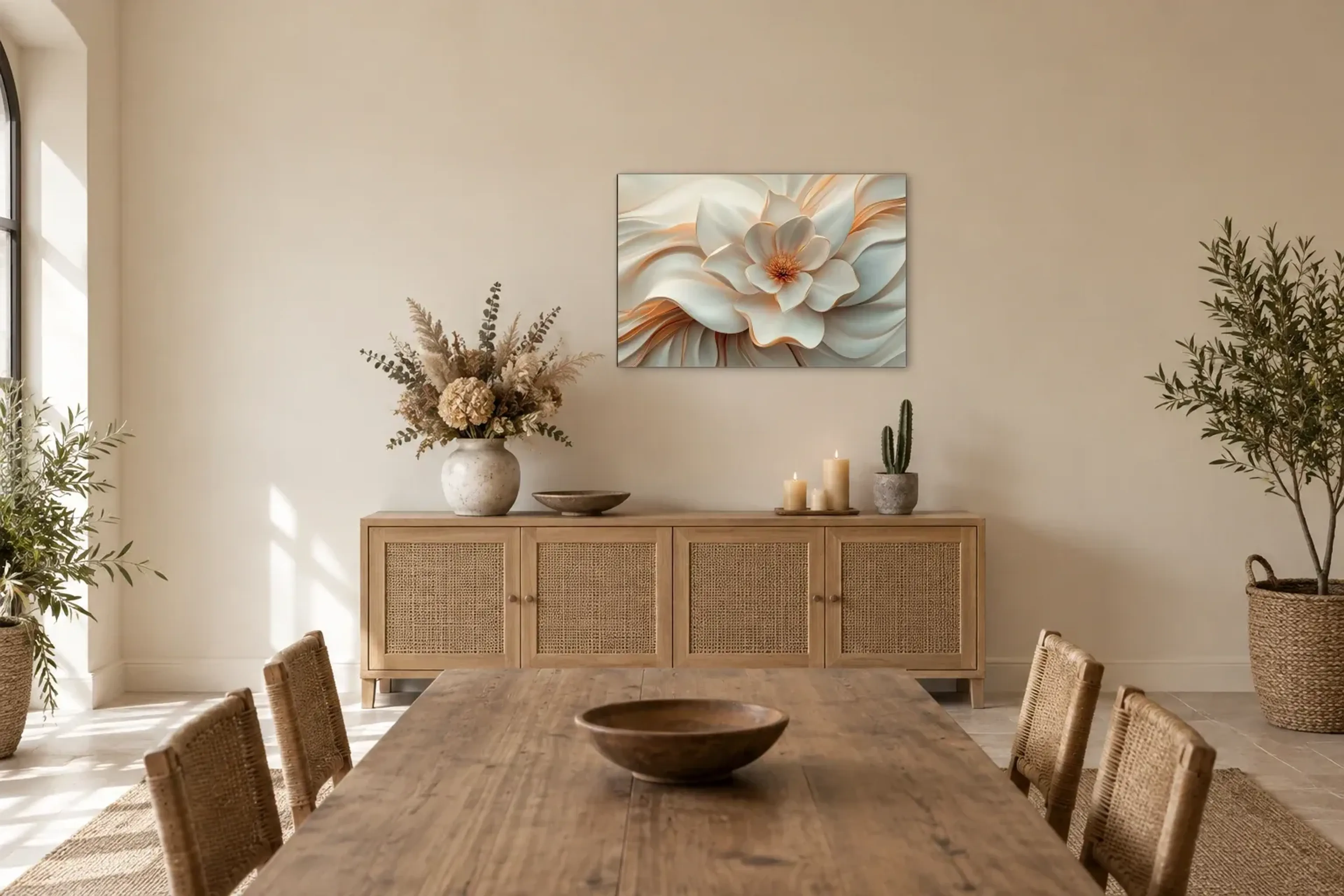 Blüte mit goldenen Konturen als Wandbild über einem 160-cm-Sideboard