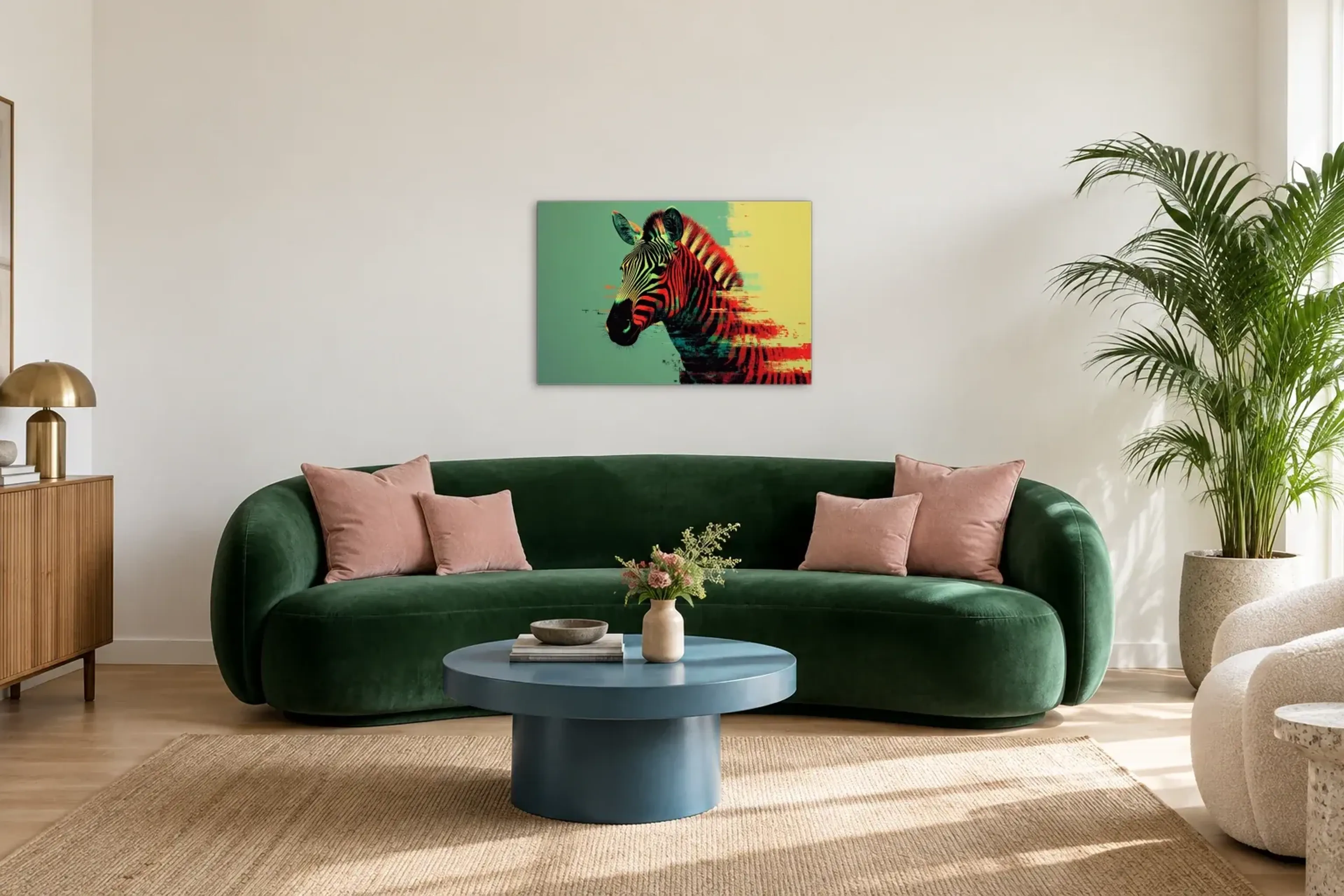 Zebra vor Mintgrün als Wandbild über einem 220-cm-Sofa