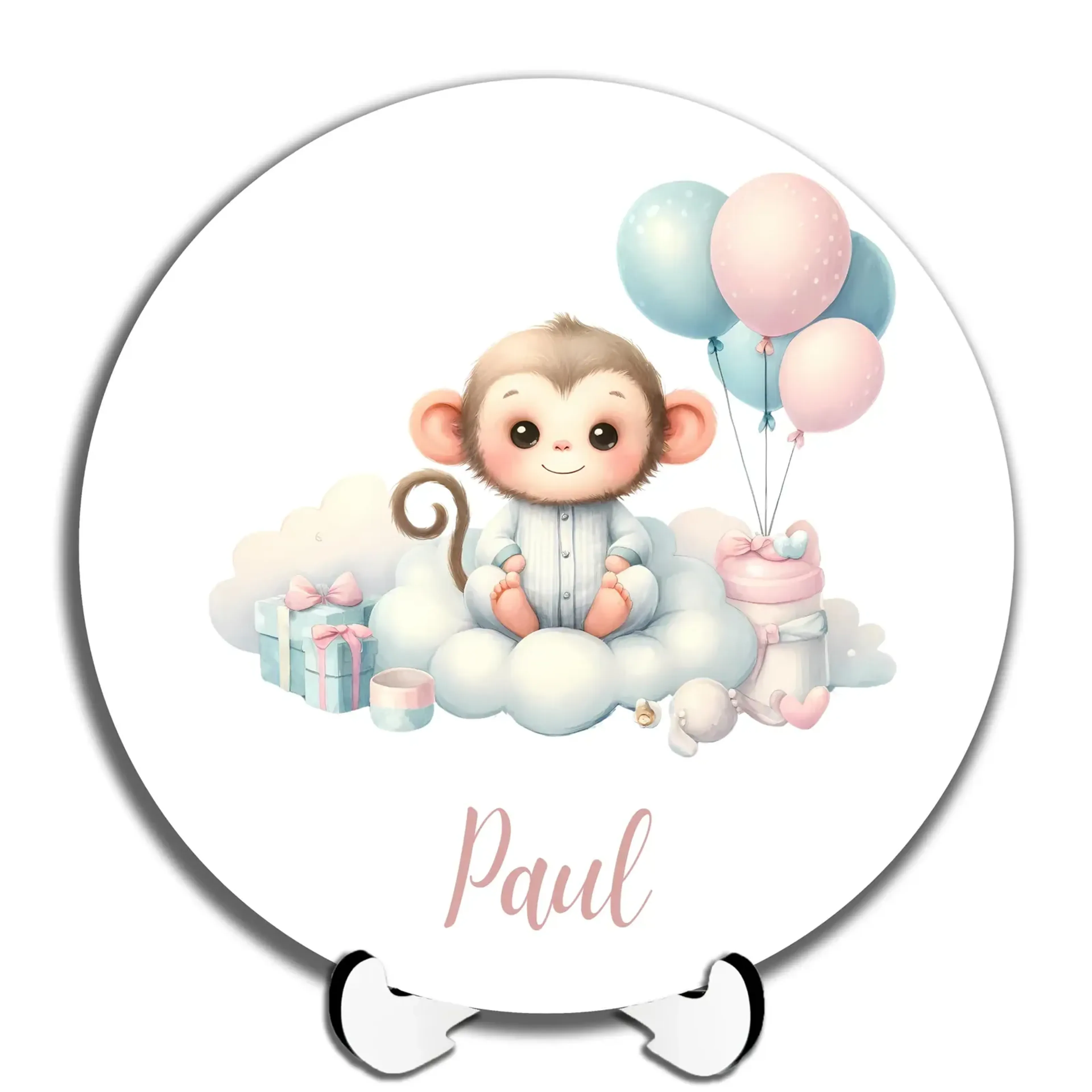 Rundes weißes Namensschild mit Äffchen, pastellfarbenen Luftballons und dem Beispielnamen Paul auf einem Ständer.