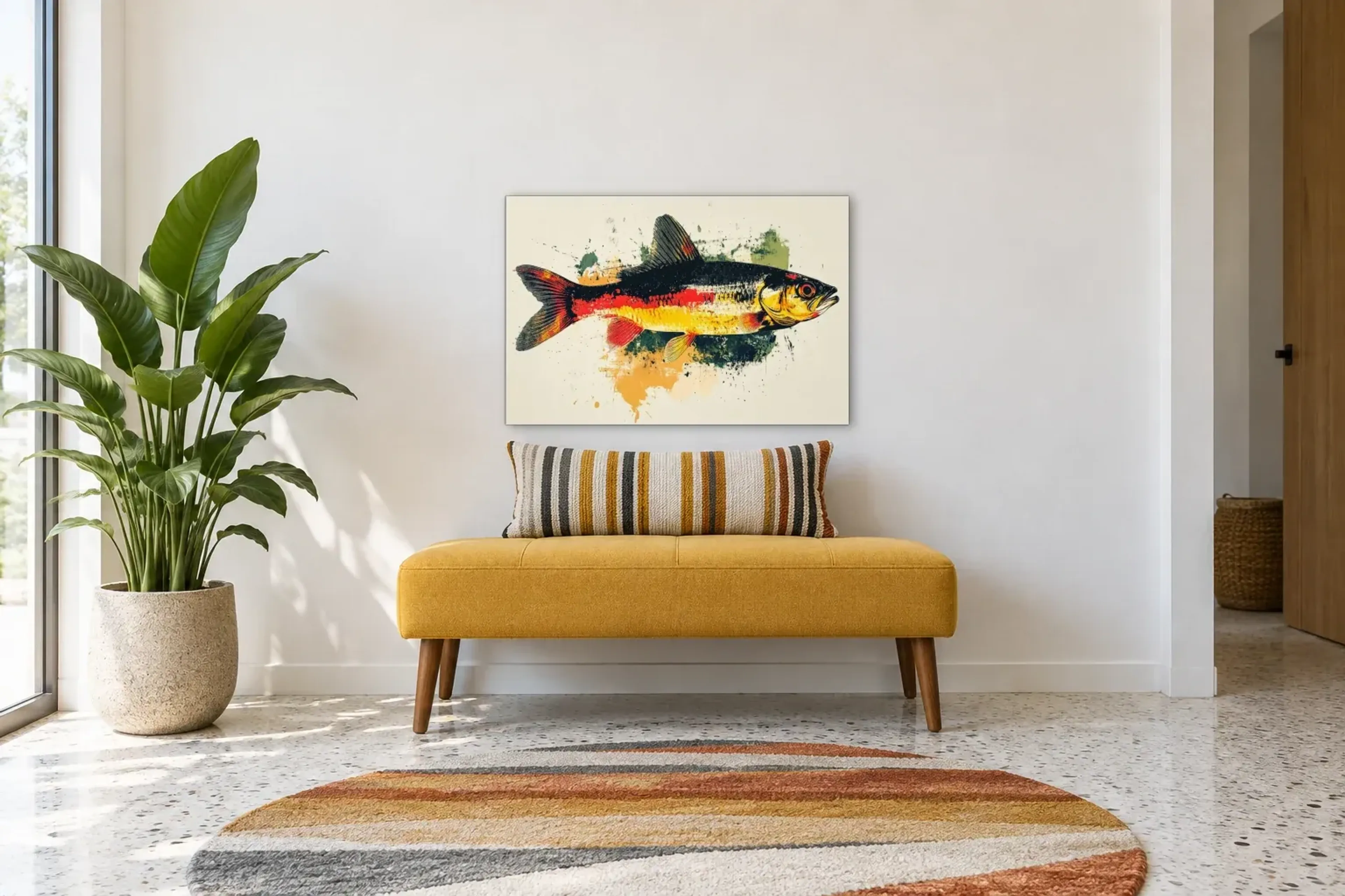 Fisch in Rotgelb als Wandbild über einer 120-cm-Bank