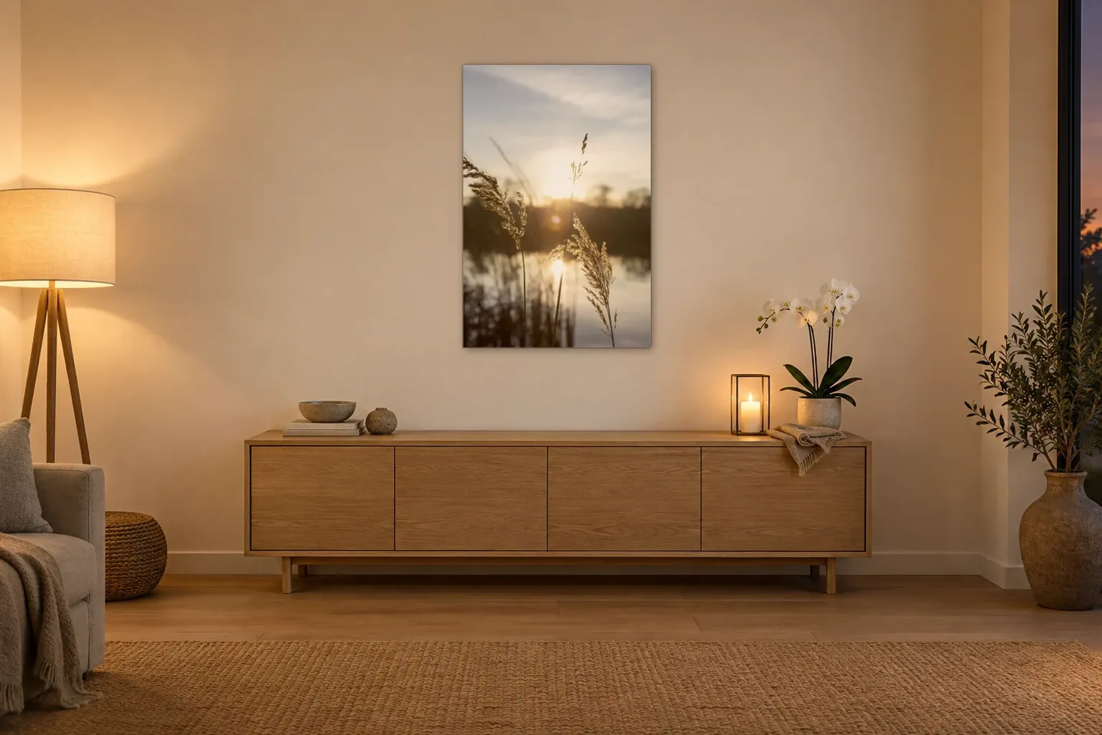 Sonnenuntergang am Wasser als Wandbild über einem 160-cm-Sideboard