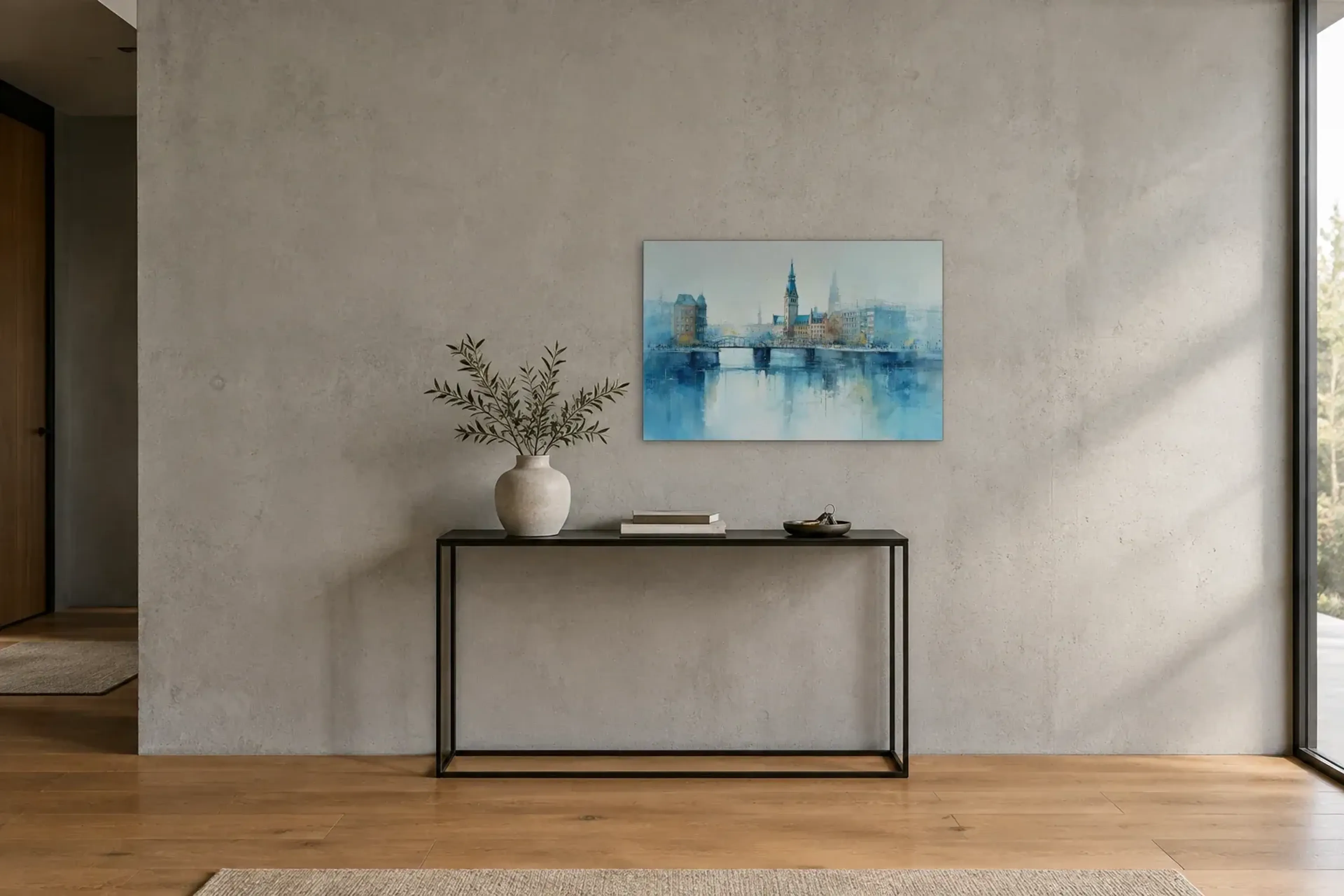 Brücken im blauen Dunst als Wandbild über einer 120-cm-Konsole