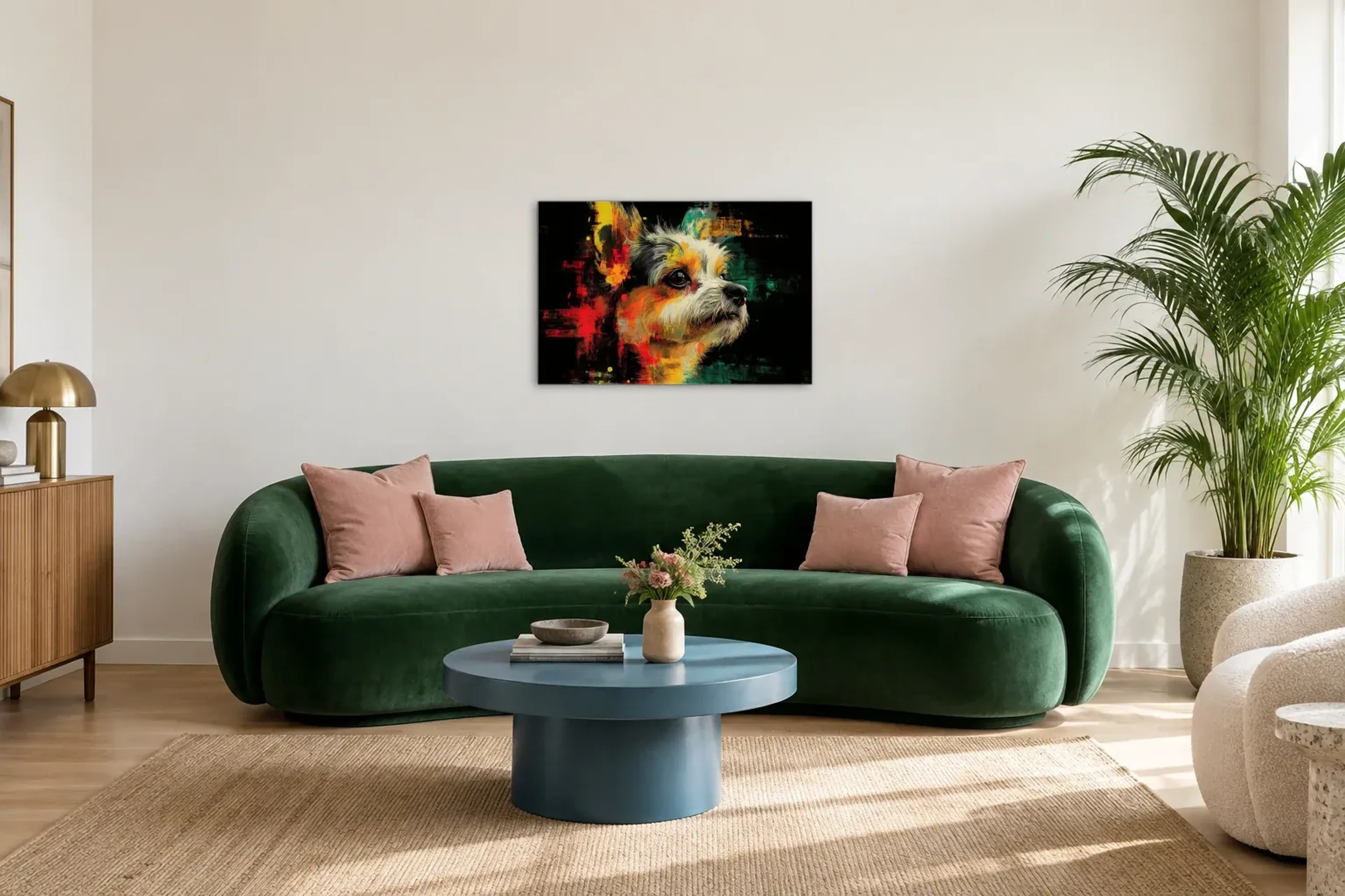 Malteser in bunten Farben als Wandbild über einem 220-cm-Sofa