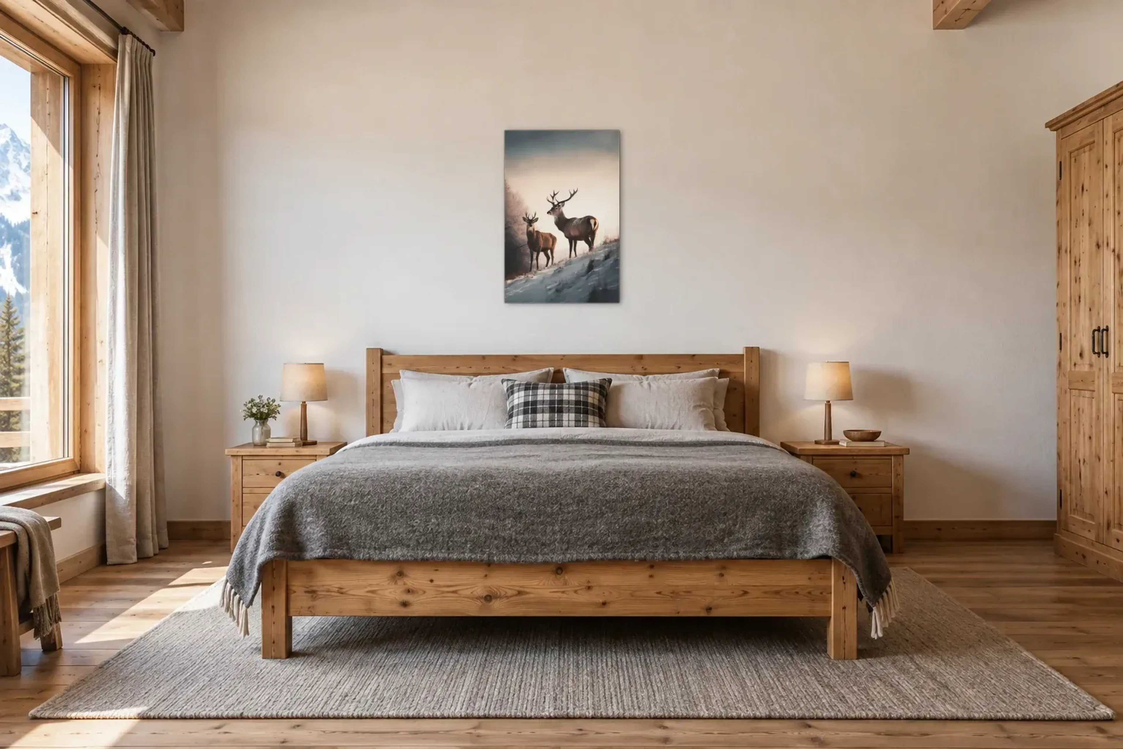 Zwei Hirsche am Hang als Wandbild über einem 180-cm-Bett