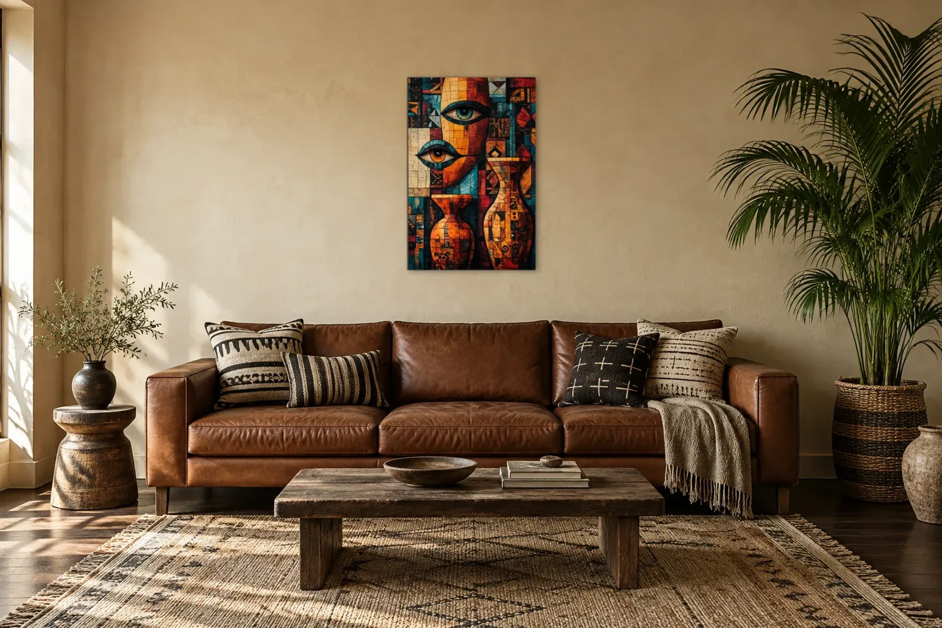 Augen und Vasen als Wandbild über einem 220-cm-Sofa