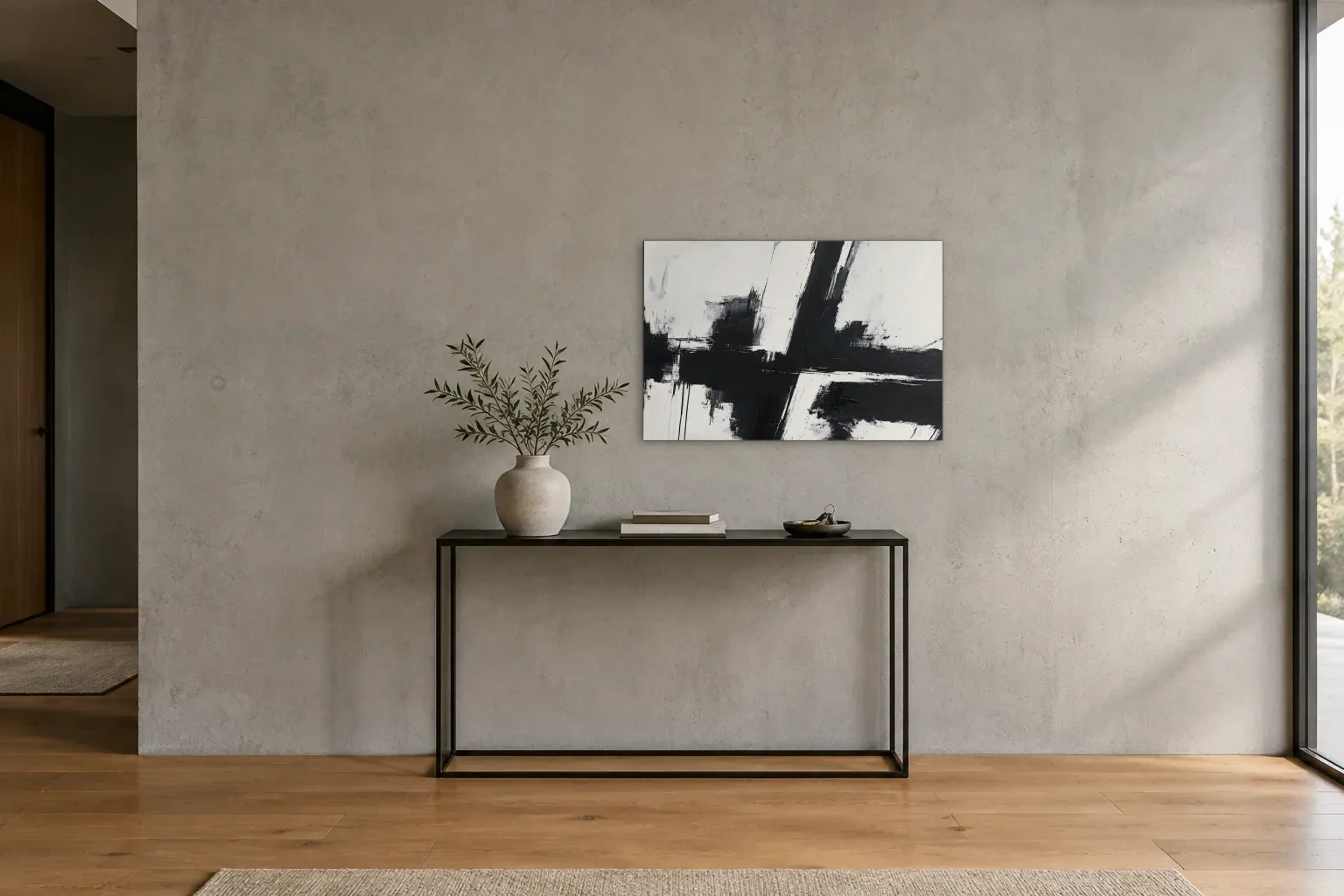 Kreuz schwarzweiß als Wandbild über einer 120-cm-Konsole