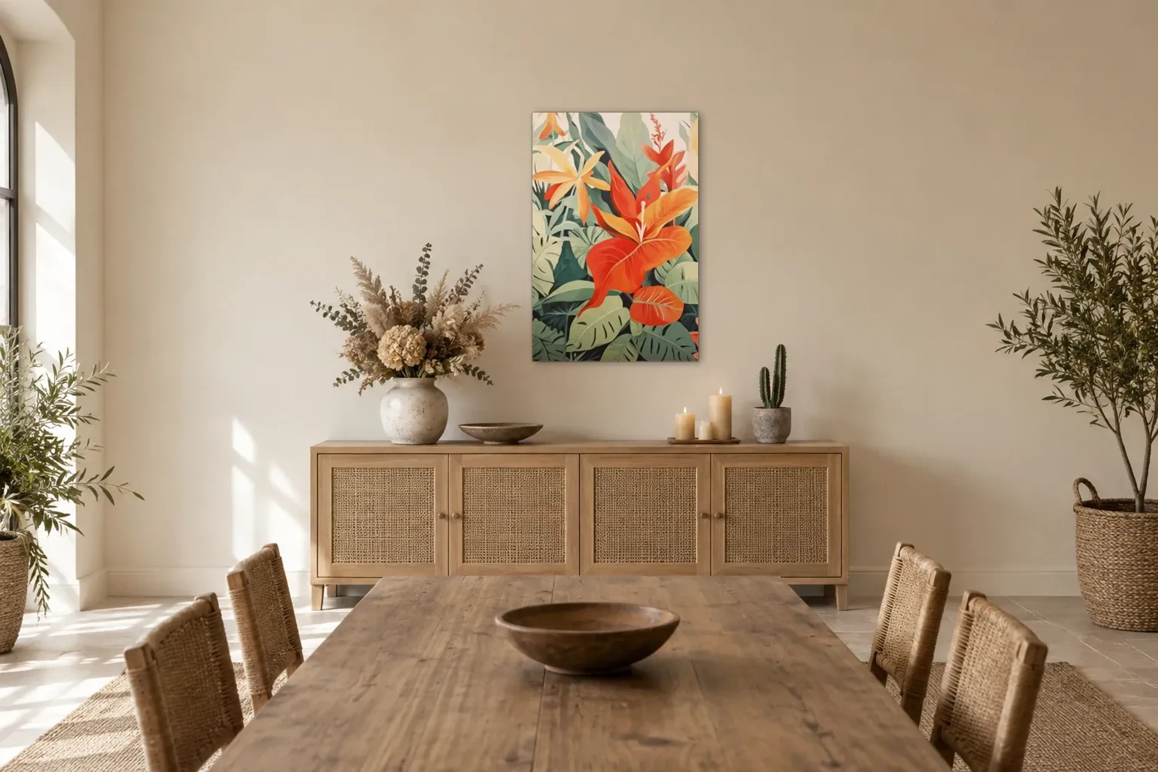 Exotische Blumen als Wandbild über einem 160-cm-Sideboard