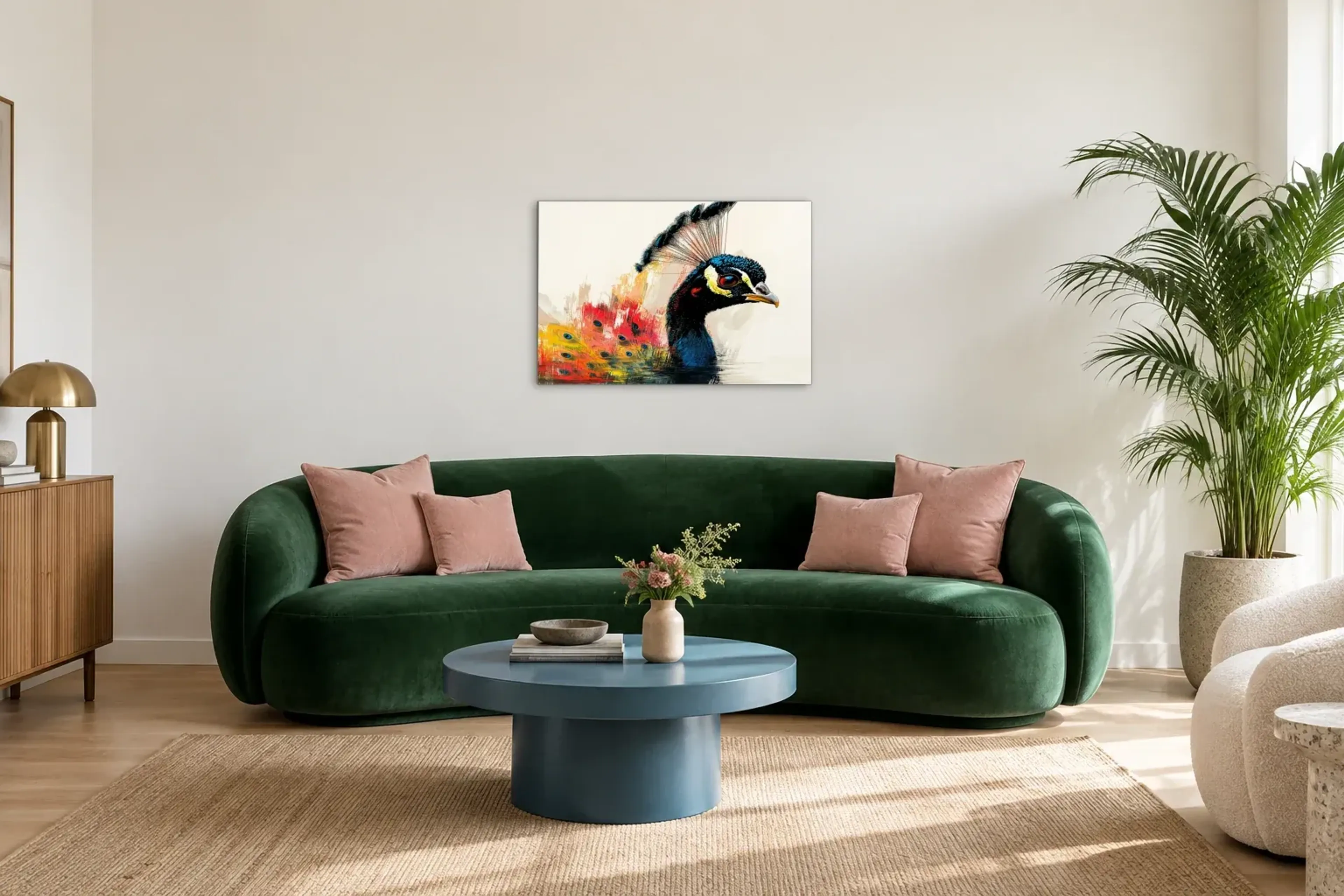 Pfau in leuchtenden Farben als Wandbild über einem 220-cm-Sofa