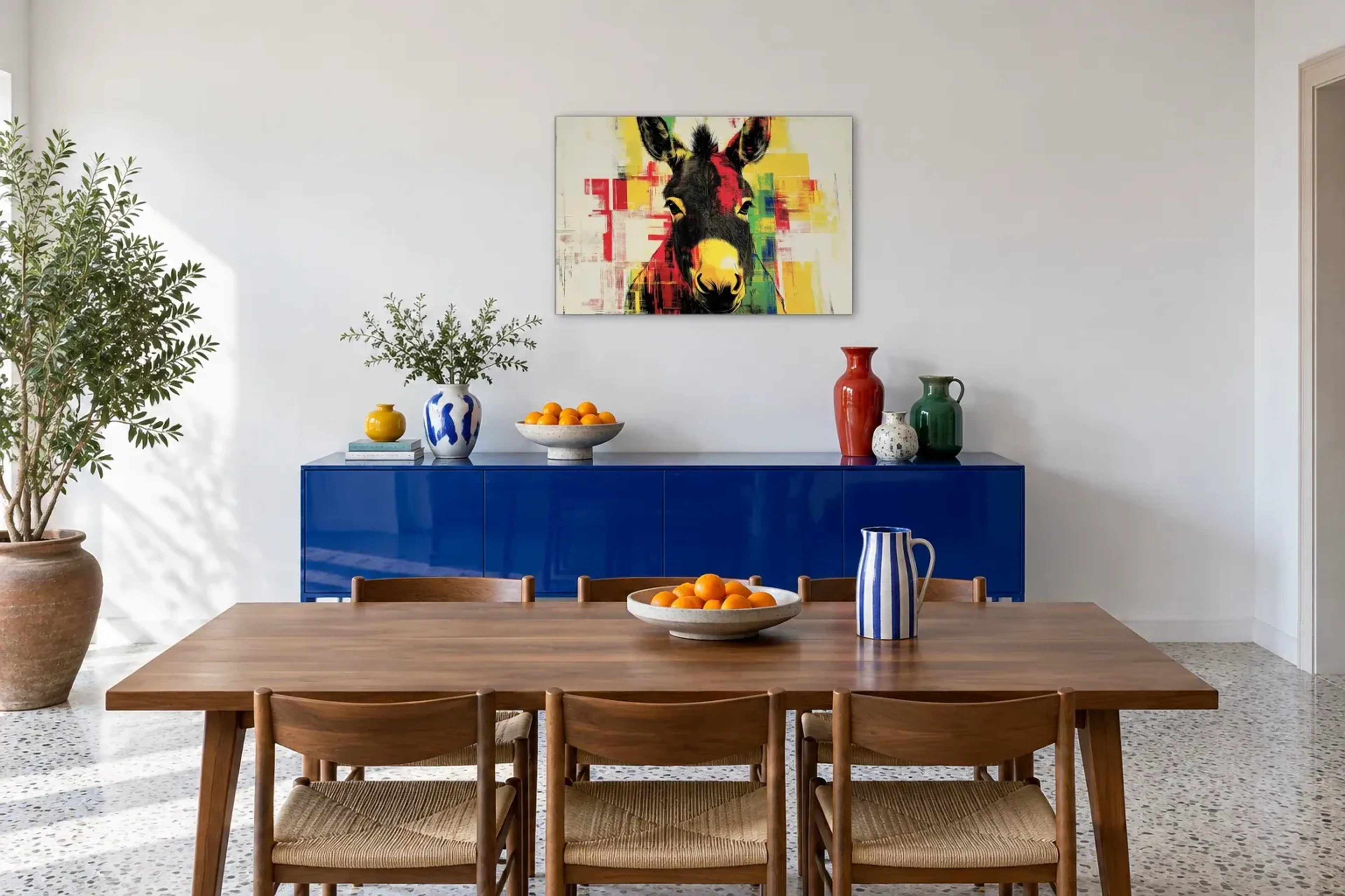 Esel in bunten Flächen als Wandbild über einem 180-cm-Sideboard
