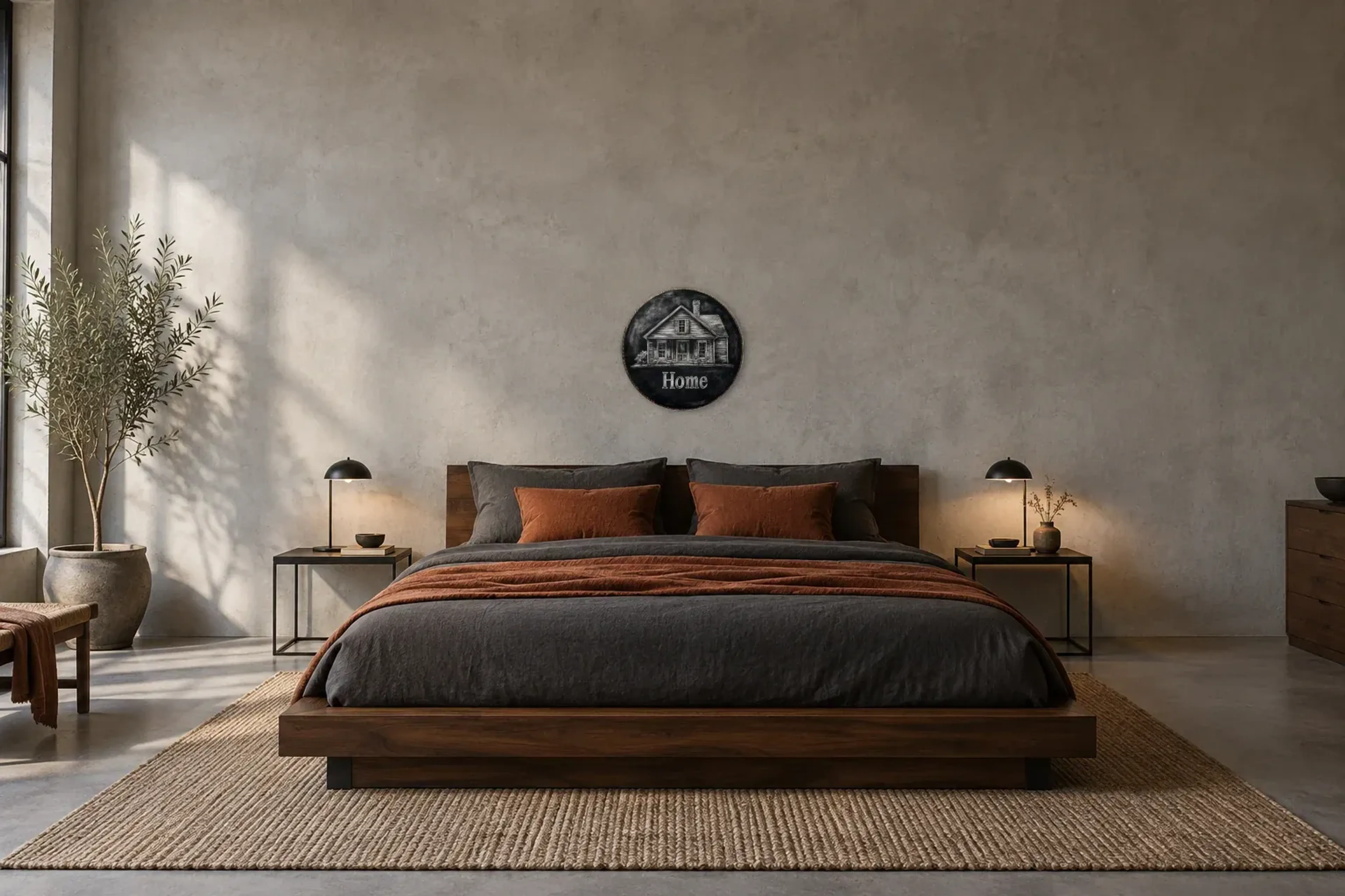 Haus mit Home-Schriftzug als Wandbild über einem 180-cm-Bett