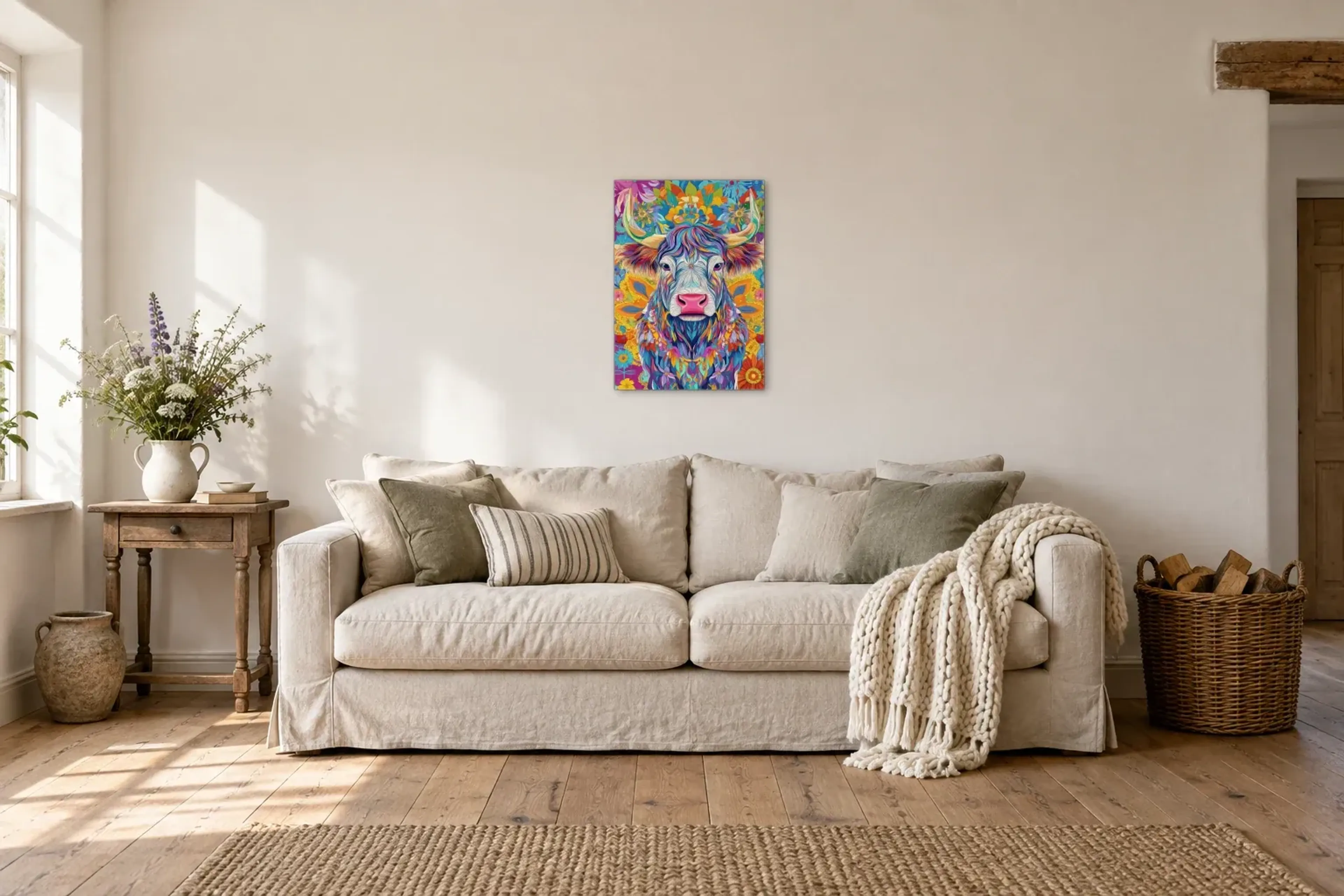 Hochlandrind im Blütenmeer als Wandbild über einem 220-cm-Sofa