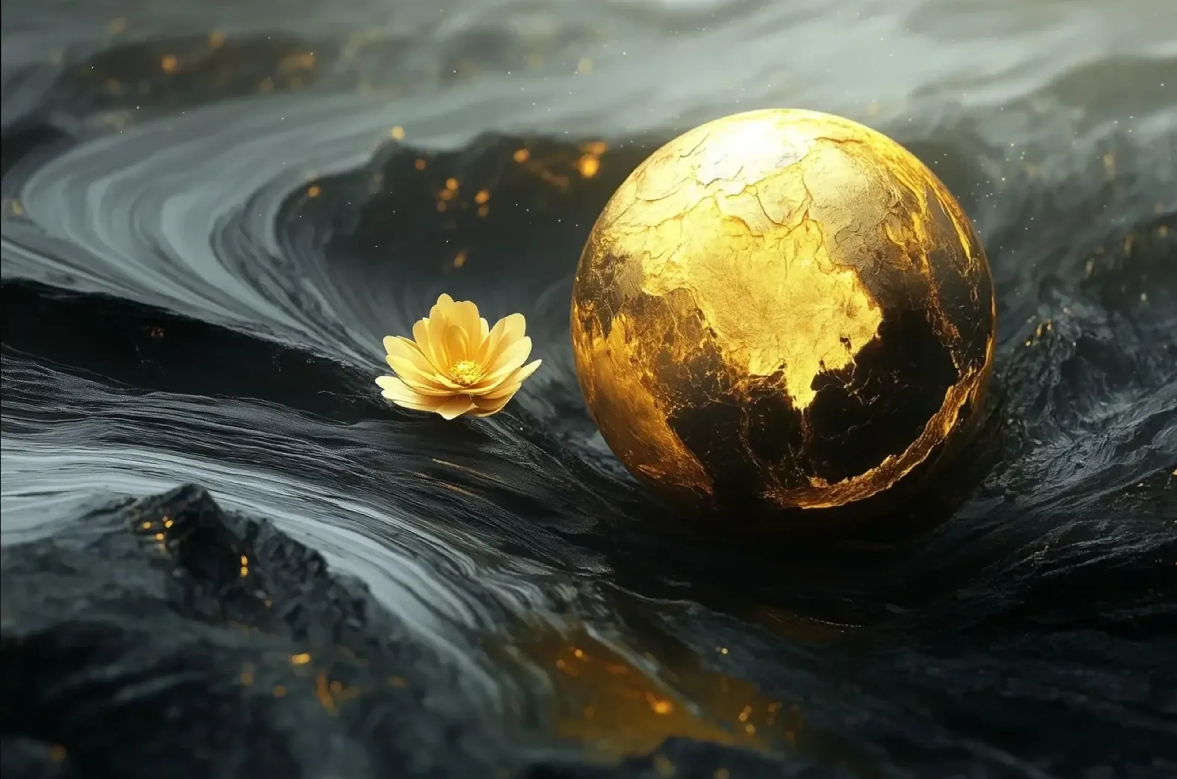 Eine goldfarbene Kugel liegt neben einer gelben Blüte in einer dunklen, wellenförmigen Landschaft.