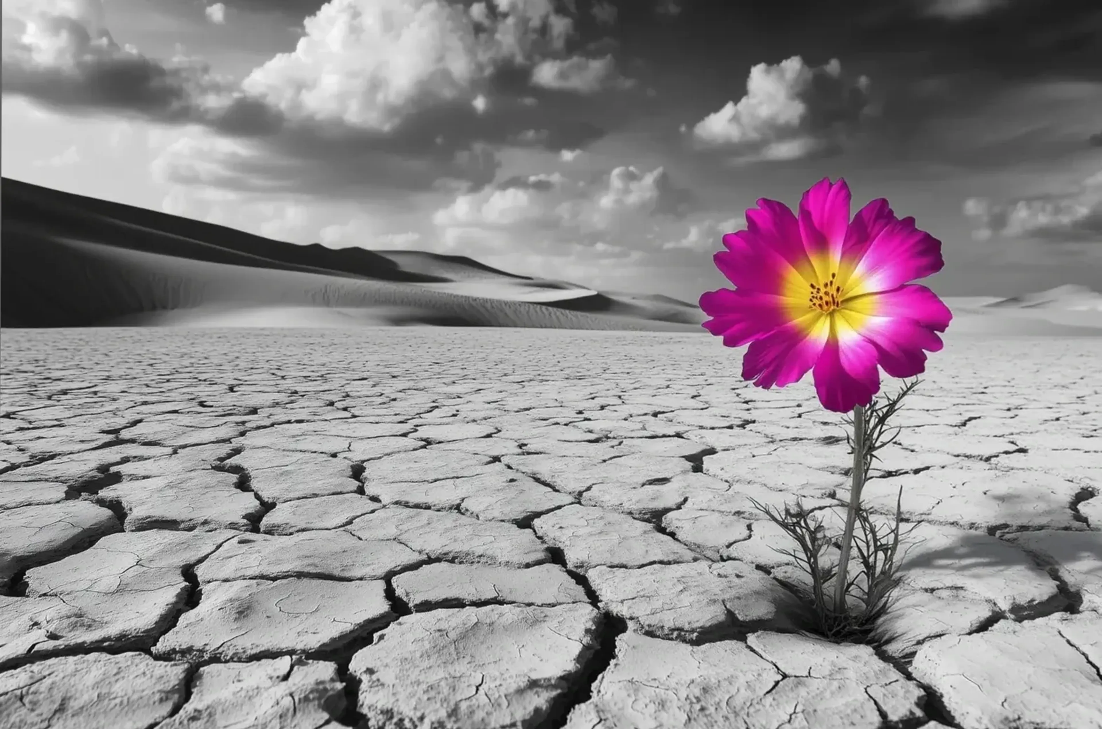 Pinkfarbene Blüte mit gelber Mitte auf rissigem Wüstenboden vor Dünen und einem Himmel in Schwarz-Weiß.
