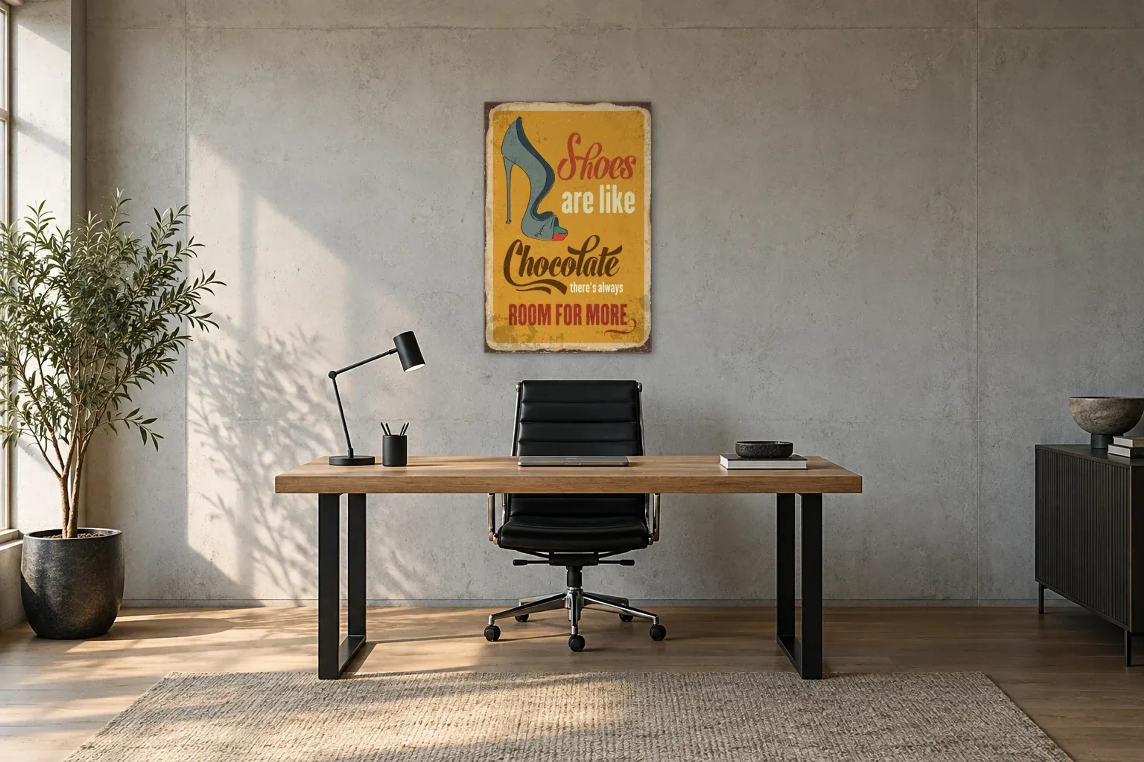 Schuhe und Schokolade als Wandbild über einem 160-cm-Schreibtisch