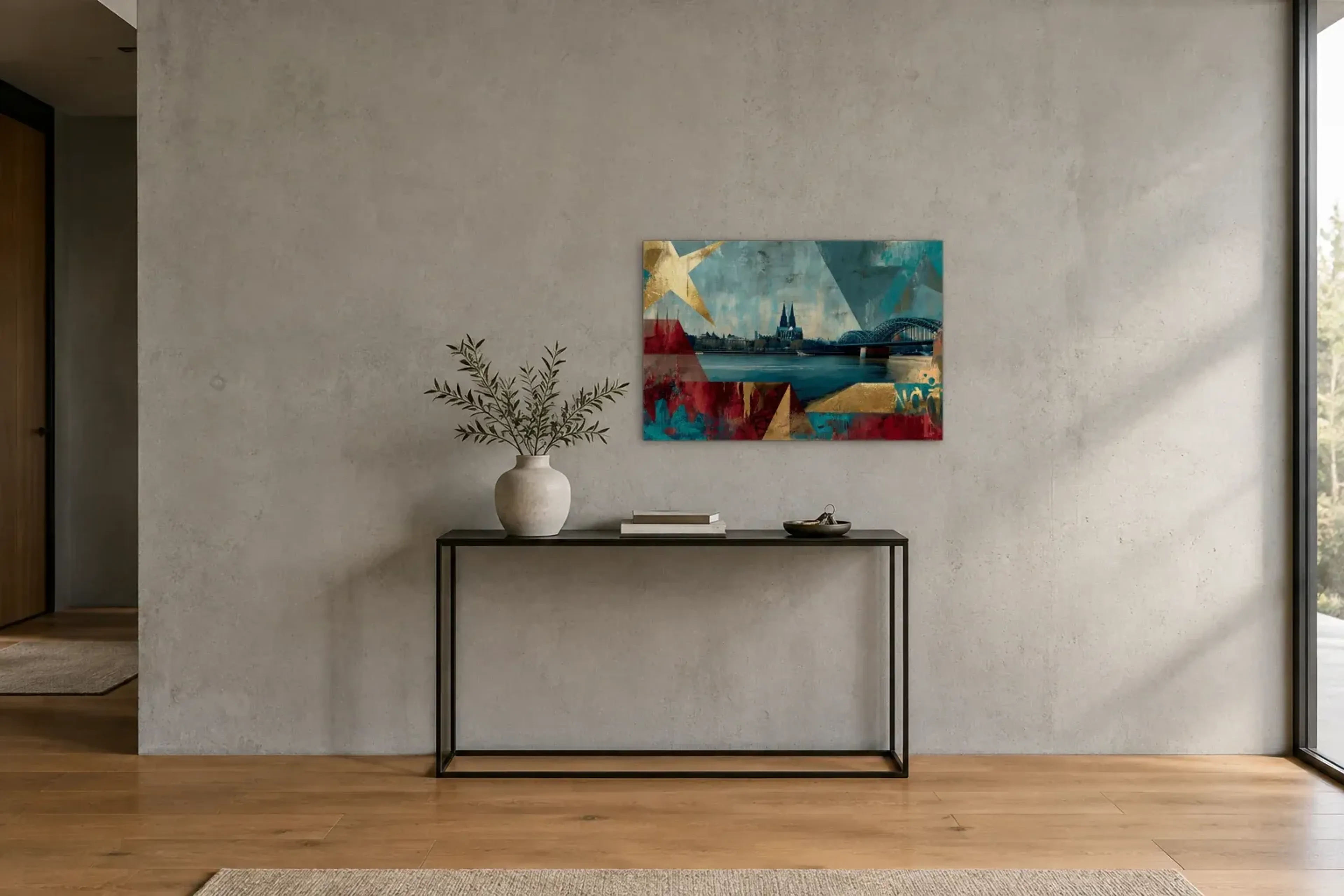 Köln mit goldenem Stern als Wandbild über einer 120-cm-Konsole