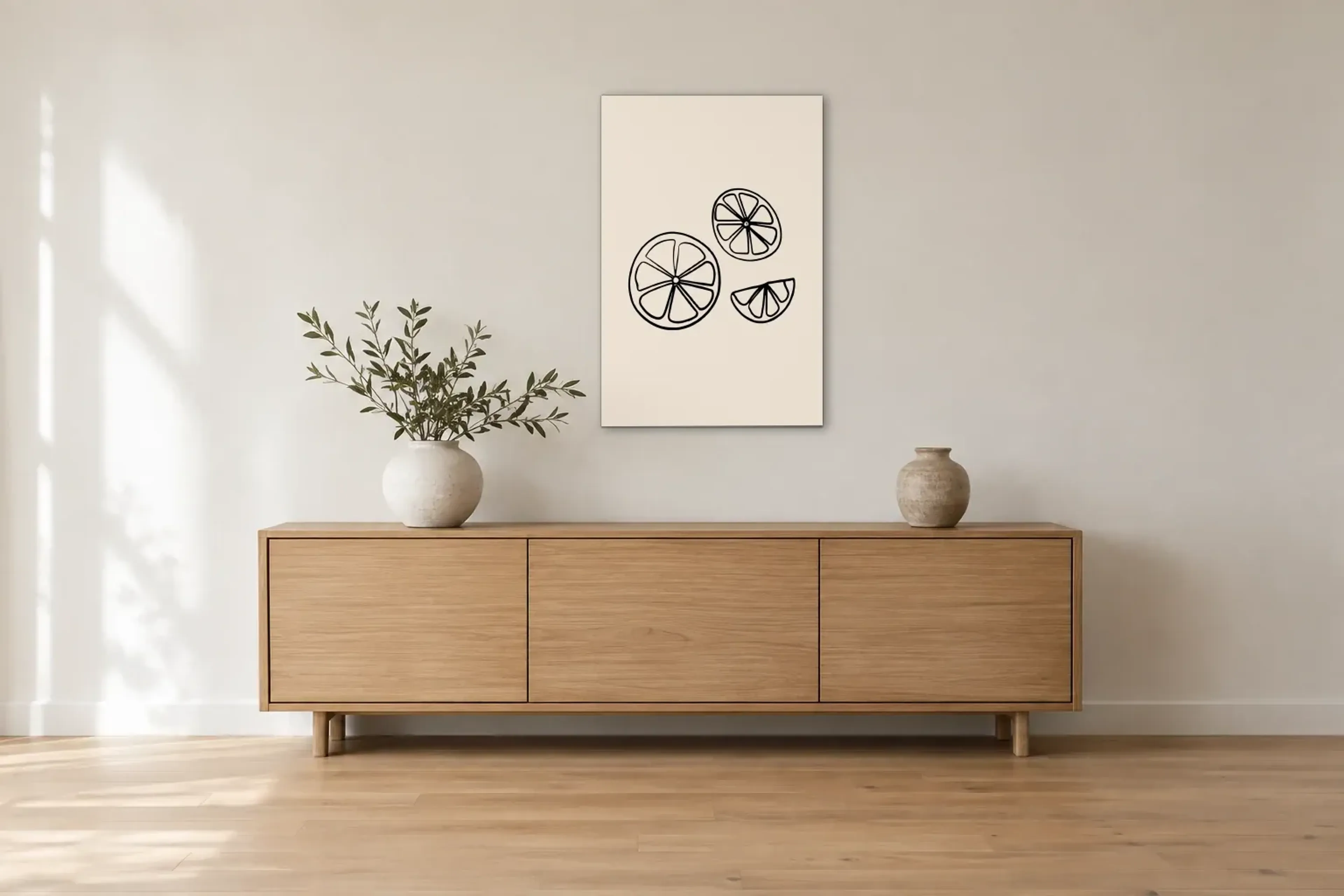 Zitronen in Linien als Wandbild über einem 180-cm-Sideboard