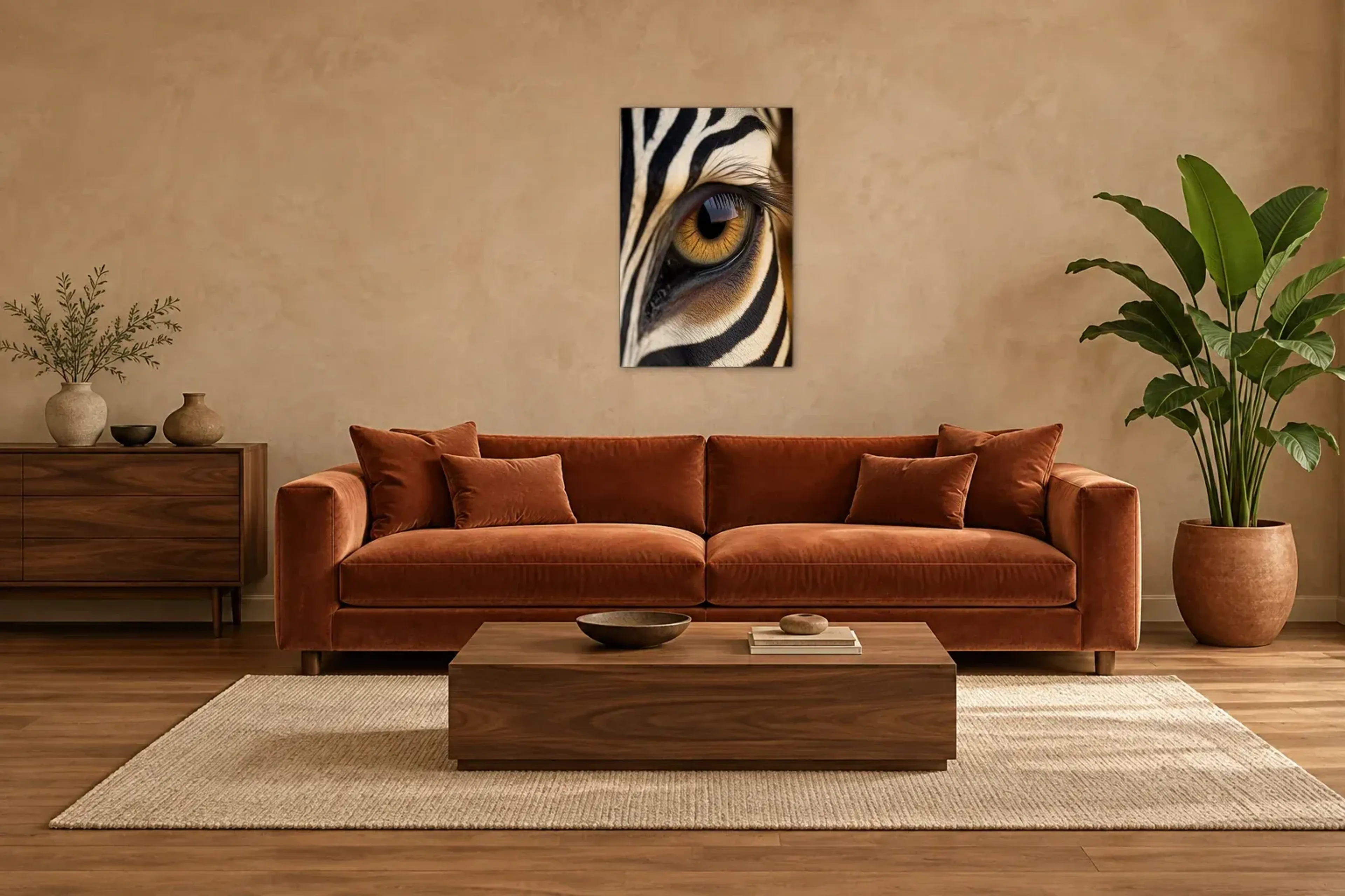 Zebraauge im Detail als Wandbild über einem 220-cm-Sofa