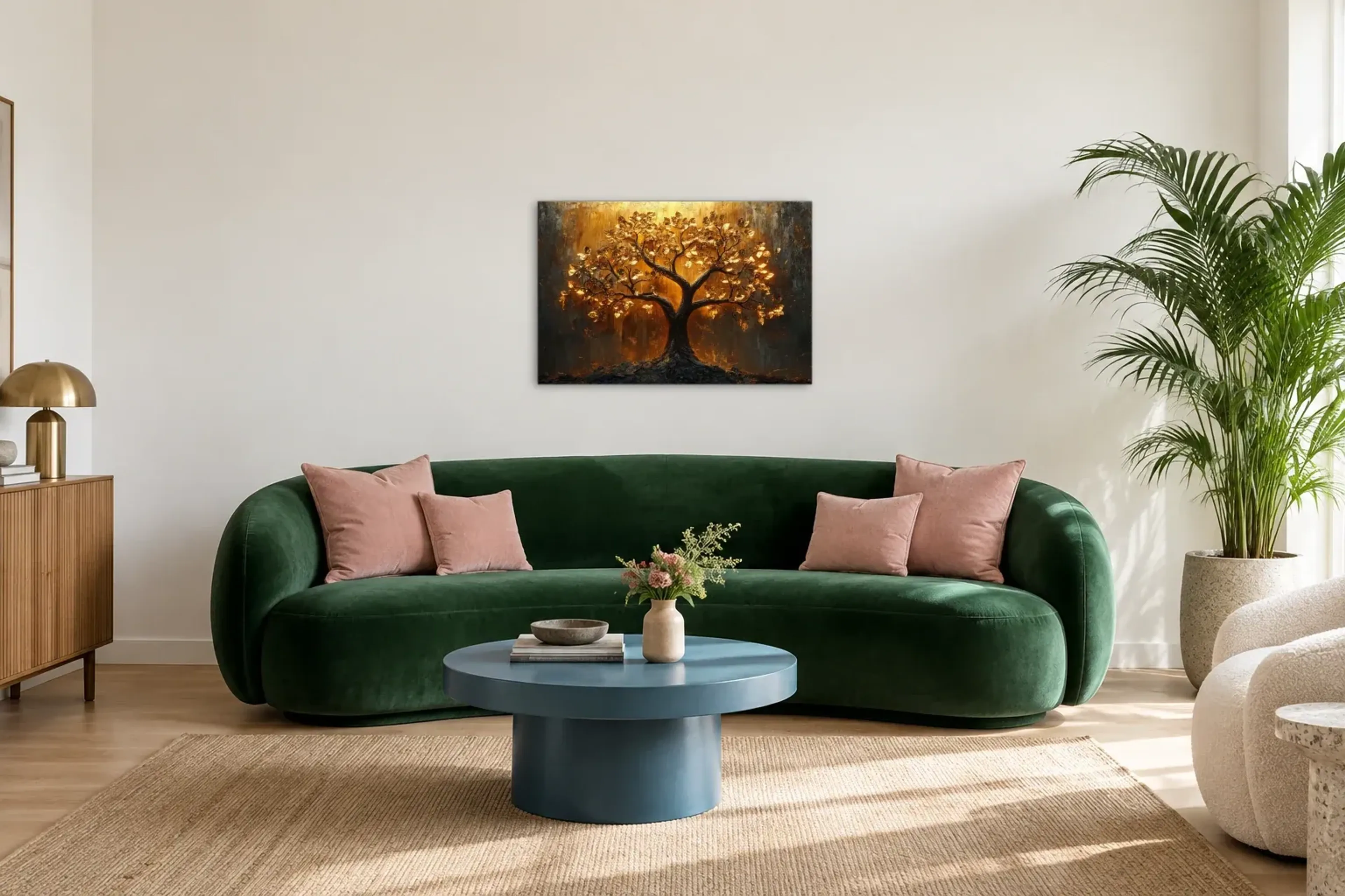 Lebensbaum Sonnenlicht als Wandbild über einem 220-cm-Sofa