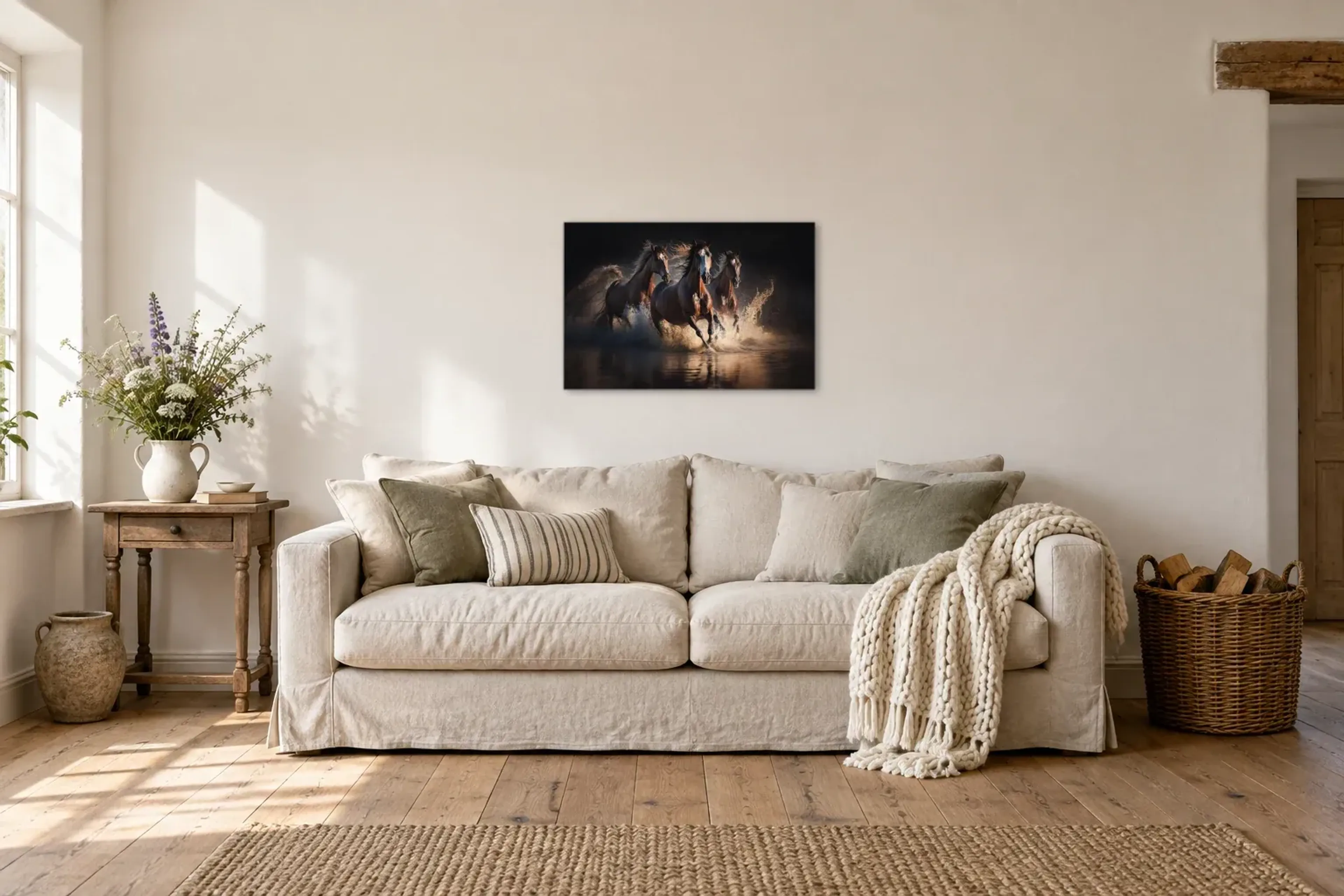 Pferde im Wasser als Wandbild über einem 220-cm-Sofa