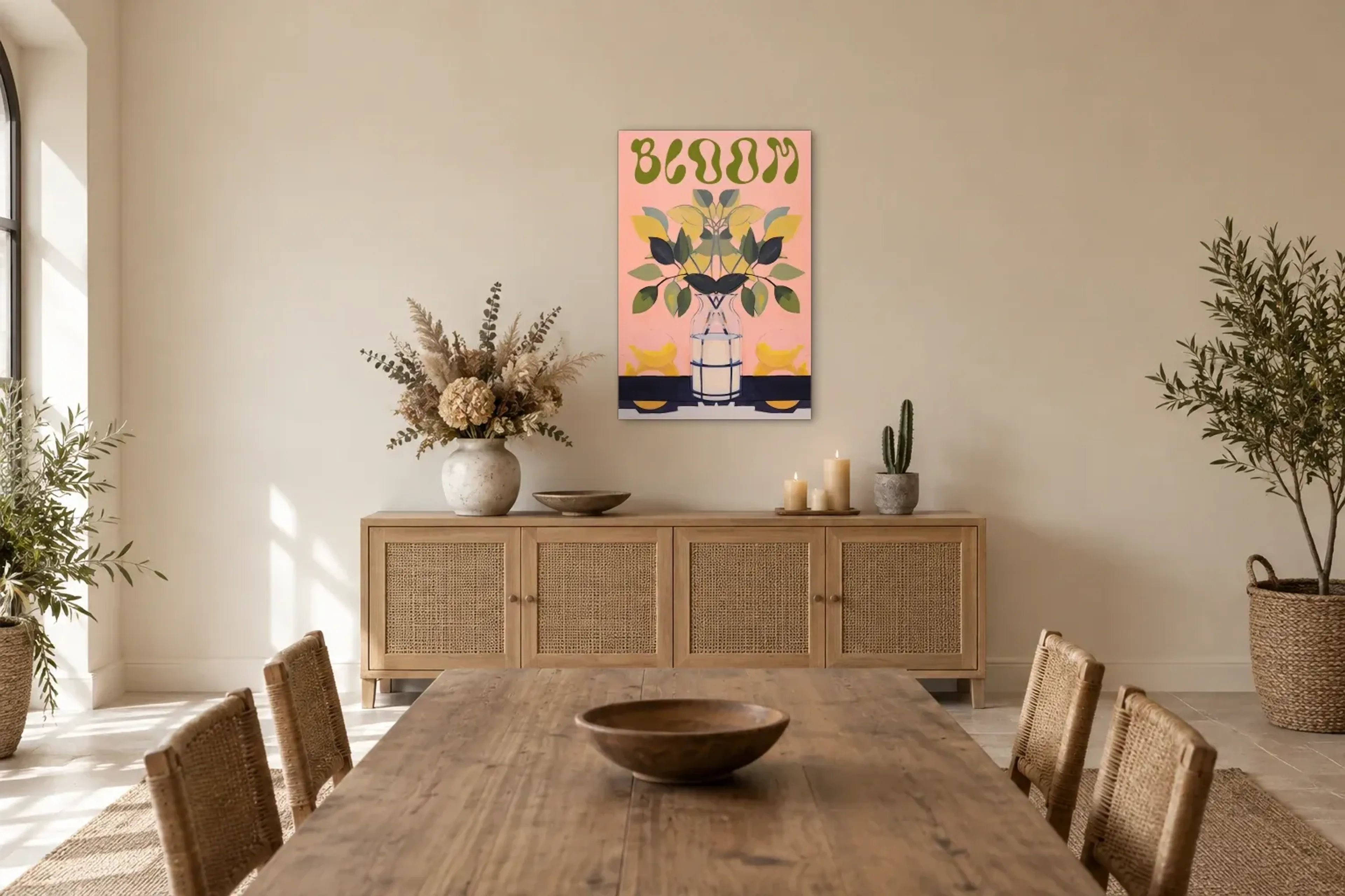 Blattzweige Bloom als Wandbild über einem 160-cm-Sideboard
