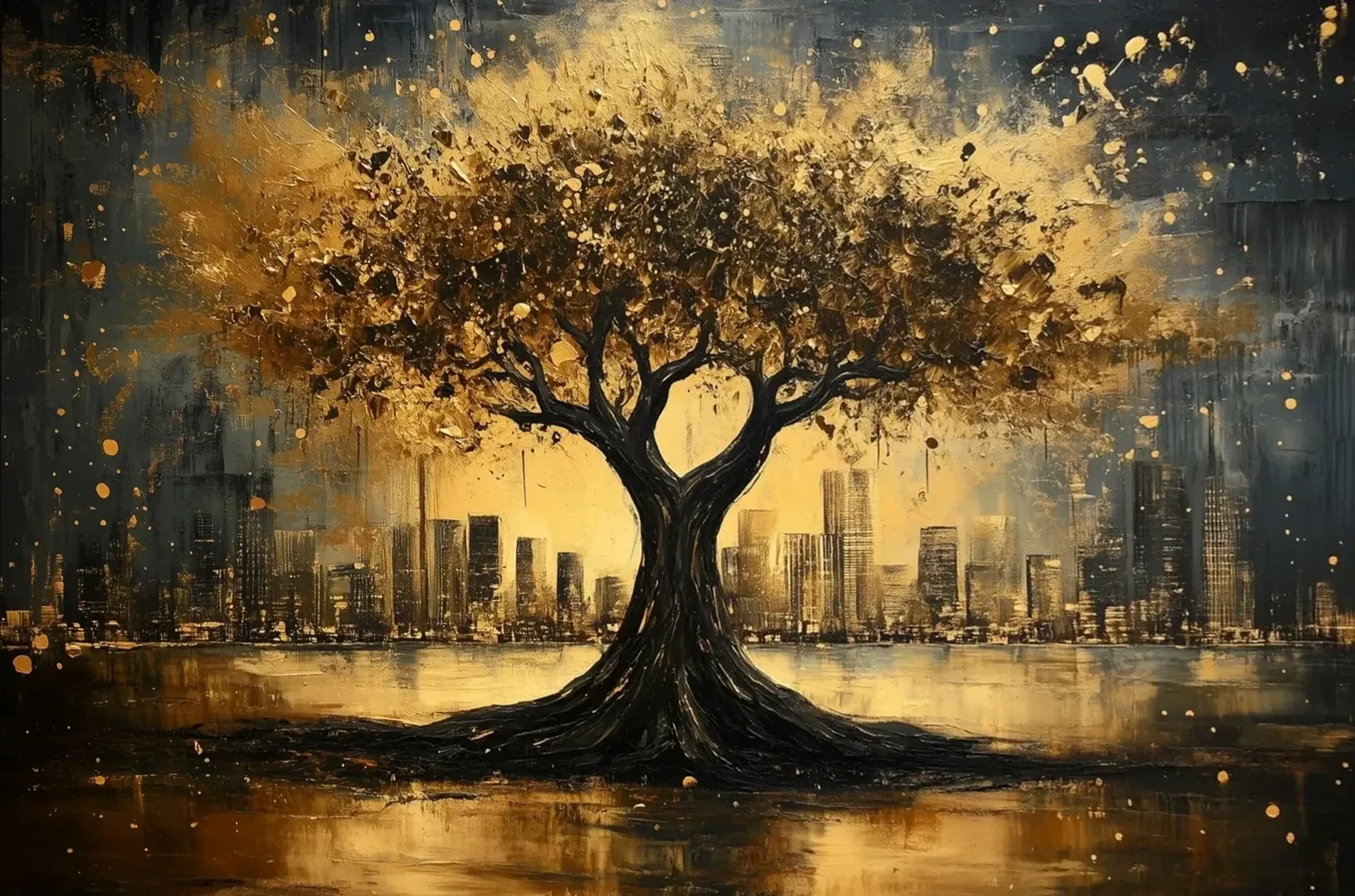 Ein großer Baum mit goldbrauner Krone und breiten Wurzeln vor einer Stadtsilhouette mit goldfarbenen Spiegelungen.