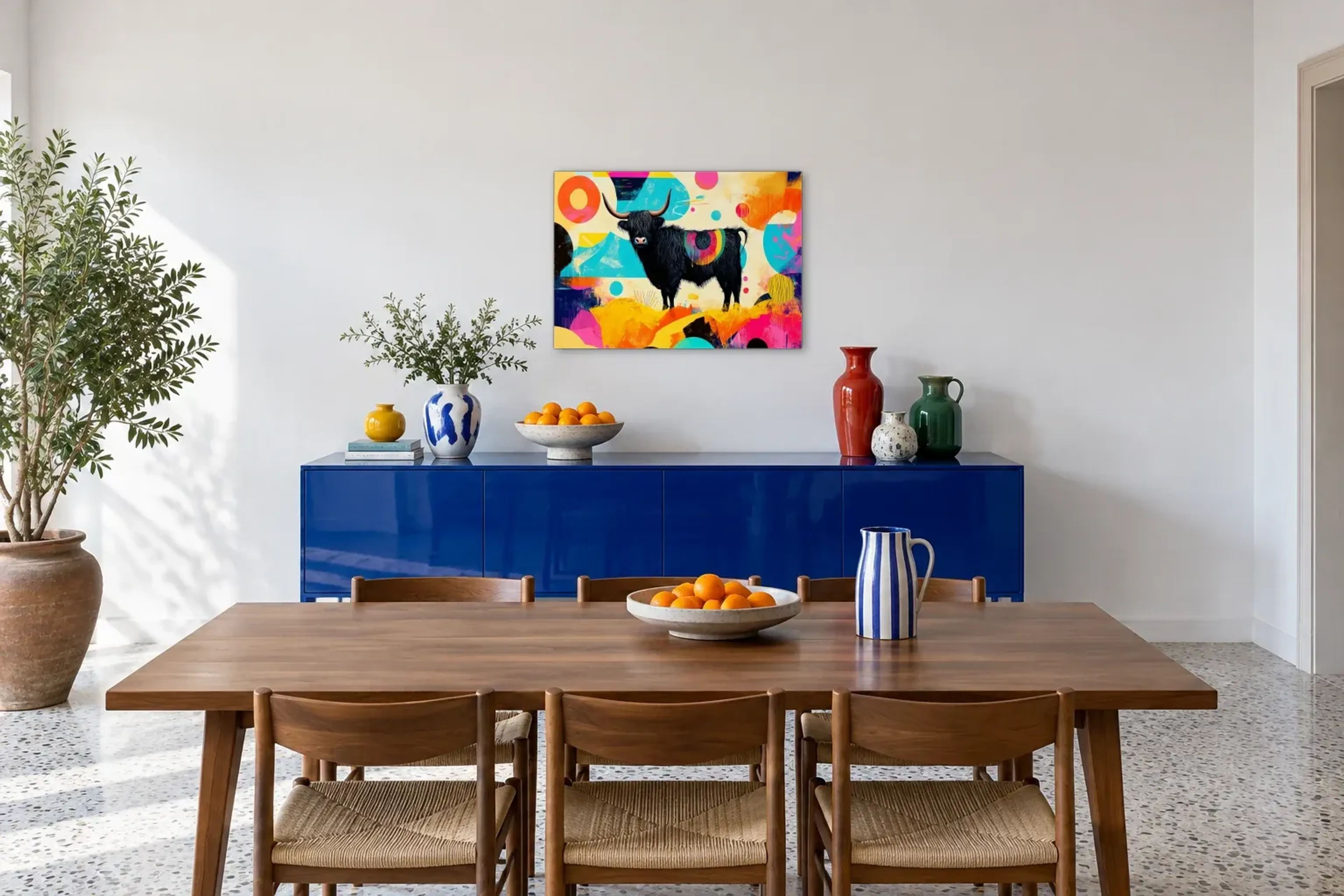 Hochlandrind im Farbenkreis als Wandbild über einem 180-cm-Sideboard