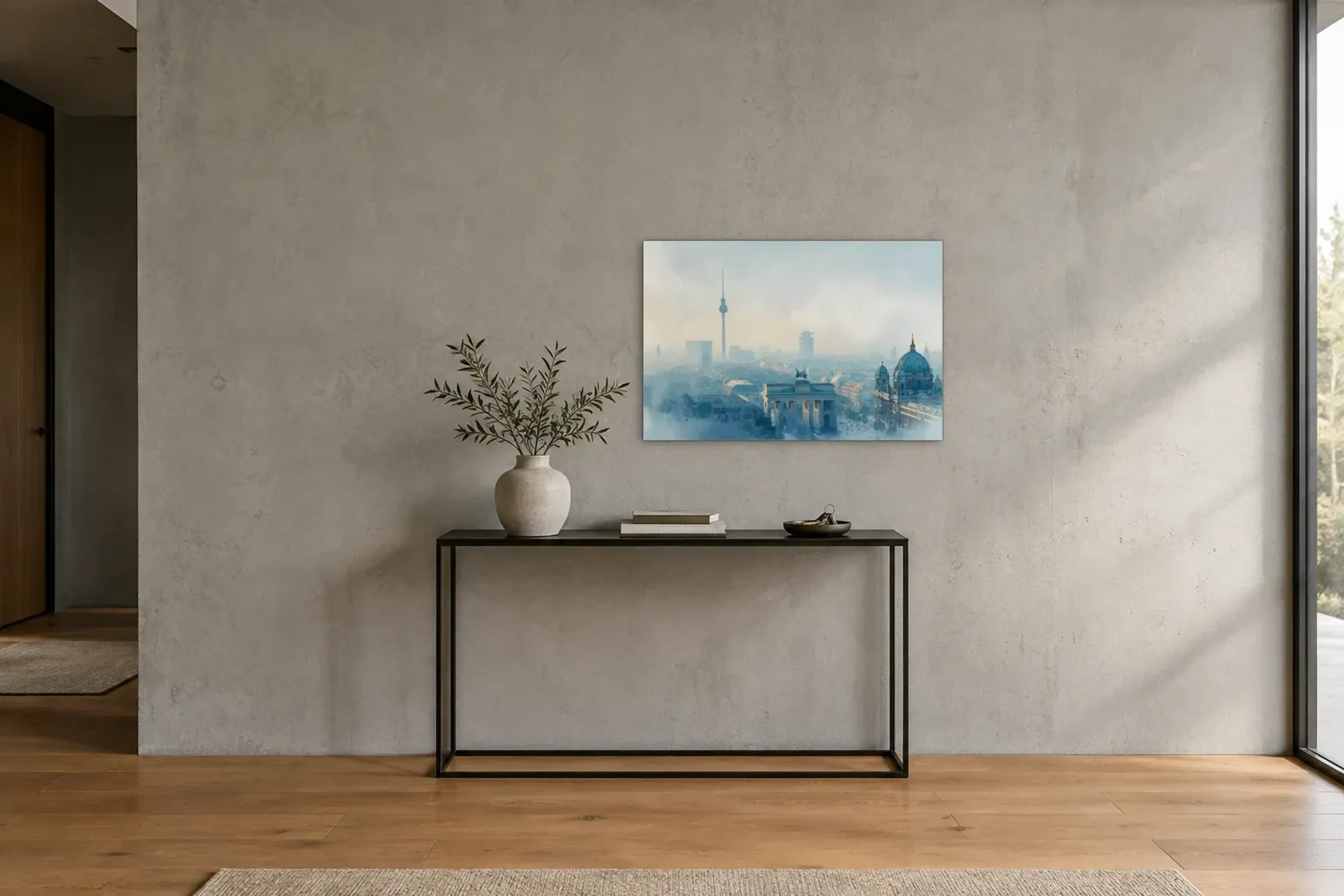 Berlin im hellen Dunst als Wandbild über einer 120-cm-Konsole