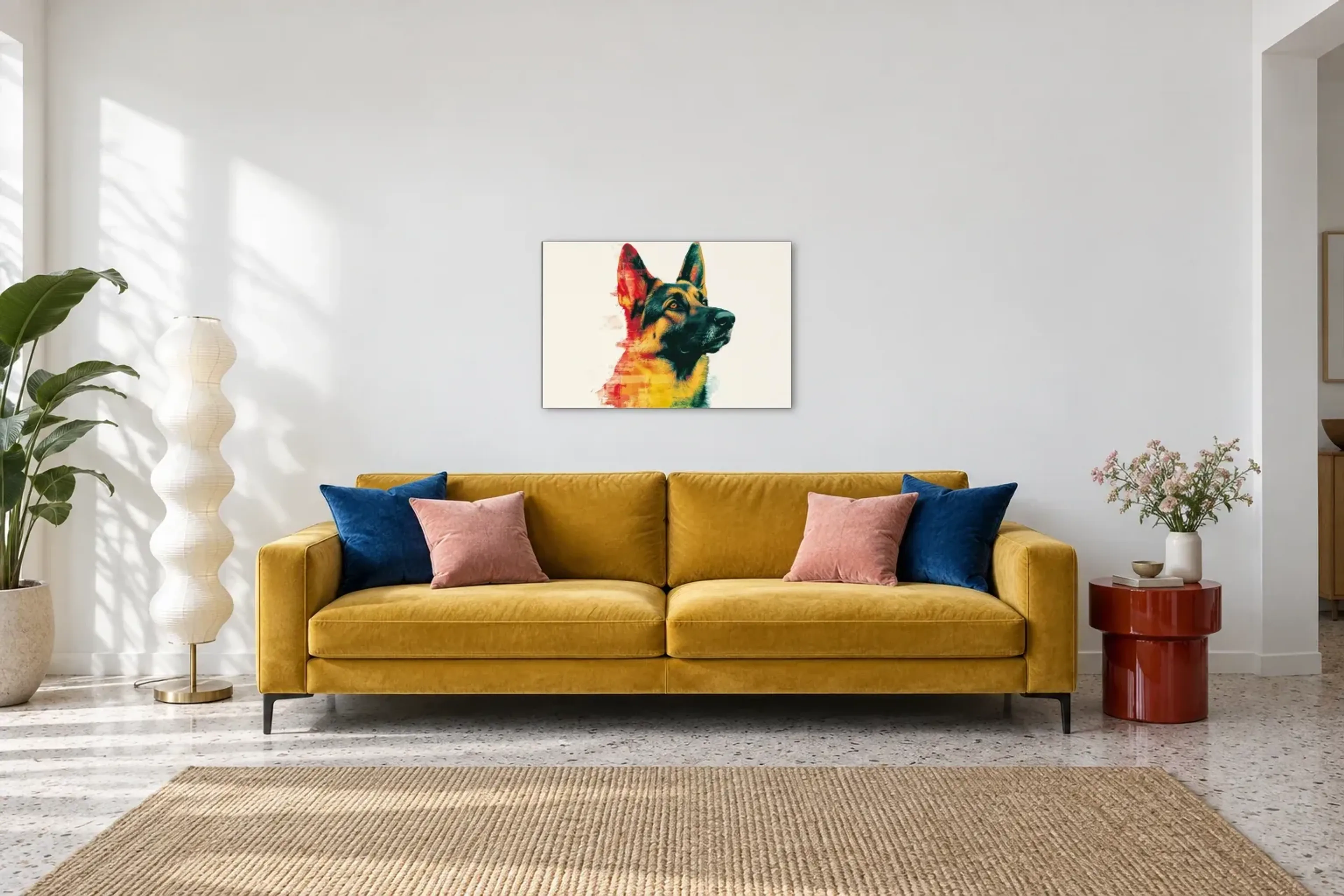 Schäferhund mit wachem Blick als Wandbild über einem 220-cm-Sofa