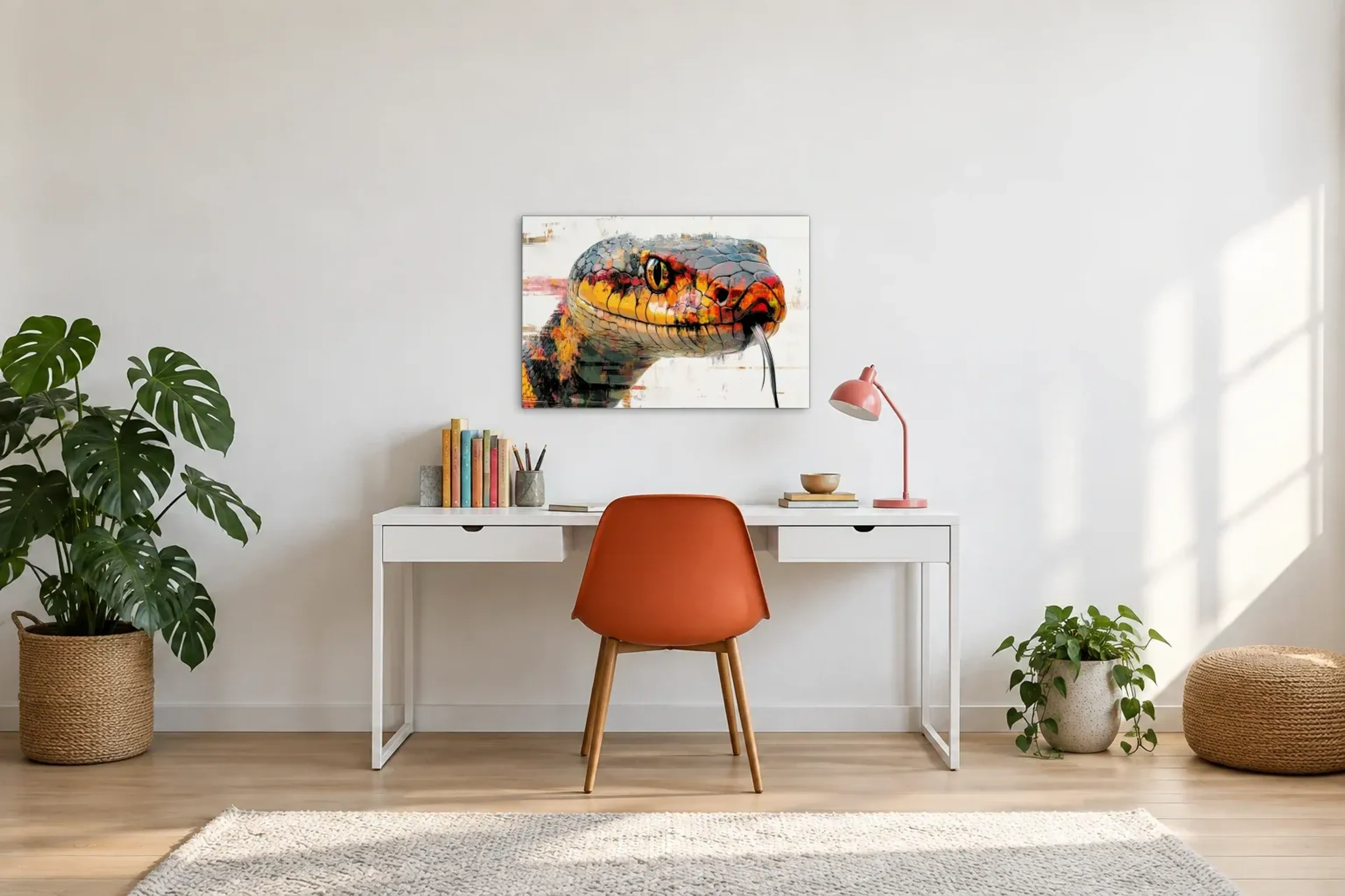 Kobra auf Cremeweiß als Wandbild über einem 140-cm-Schreibtisch