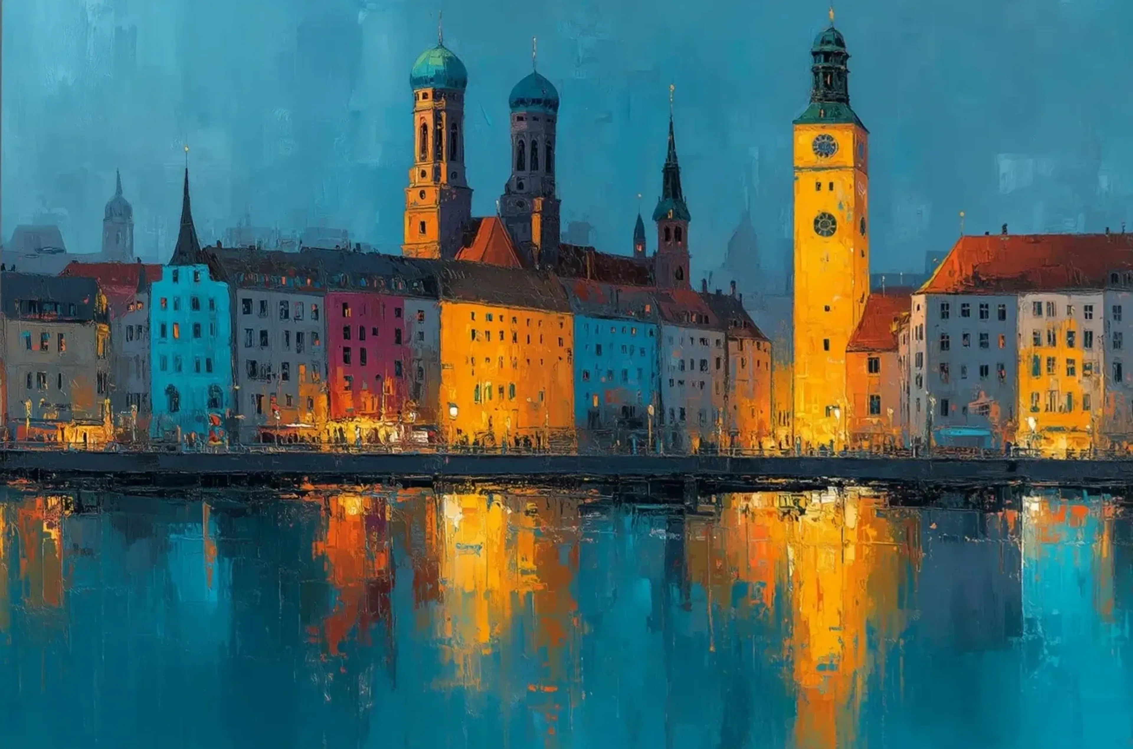 Bunte Häuser und hohe Türme spiegeln sich in einer türkisblauen Wasserfläche unter blauem Himmel.