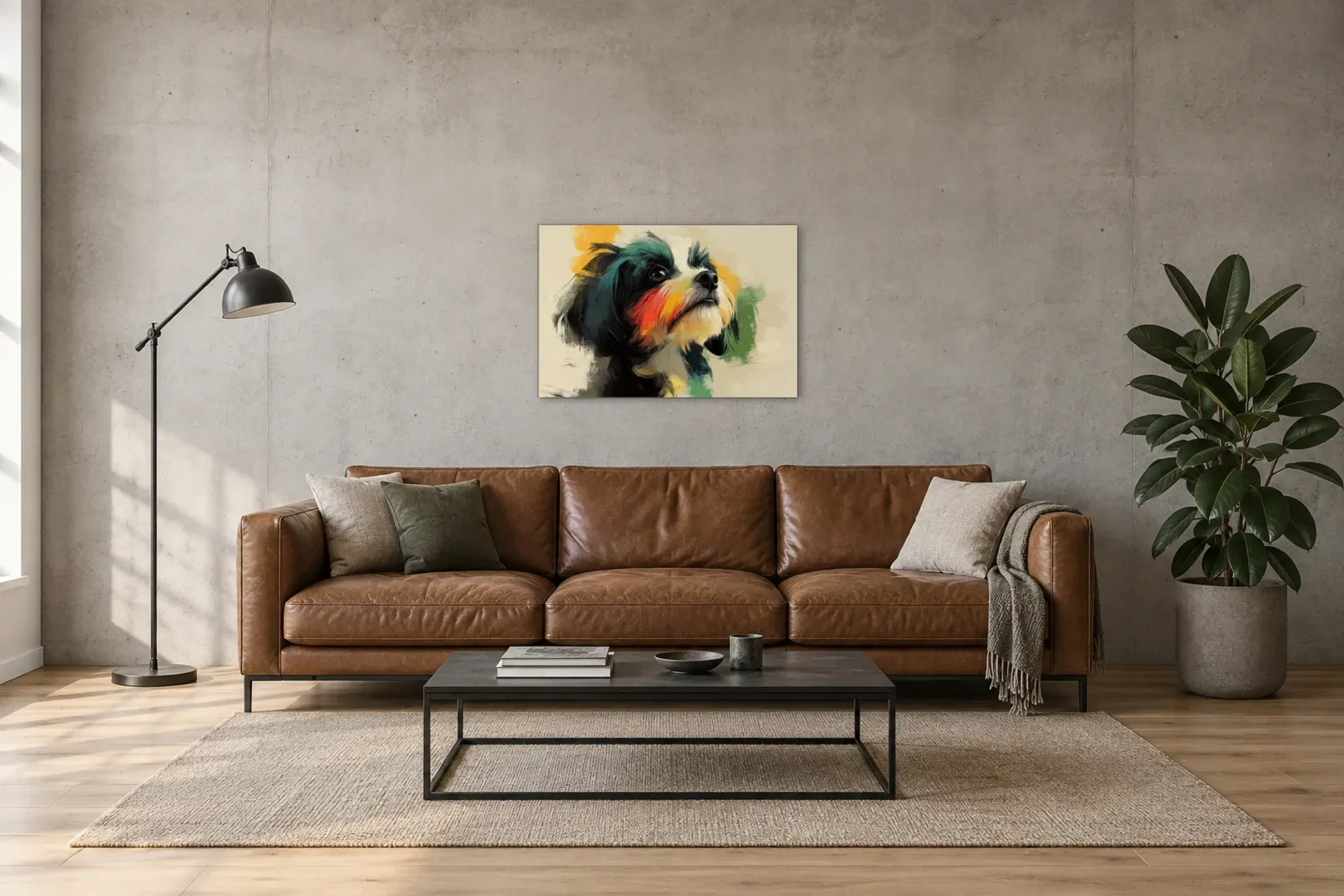 Havaneser mit wachem Blick als Wandbild über einem 220-cm-Sofa