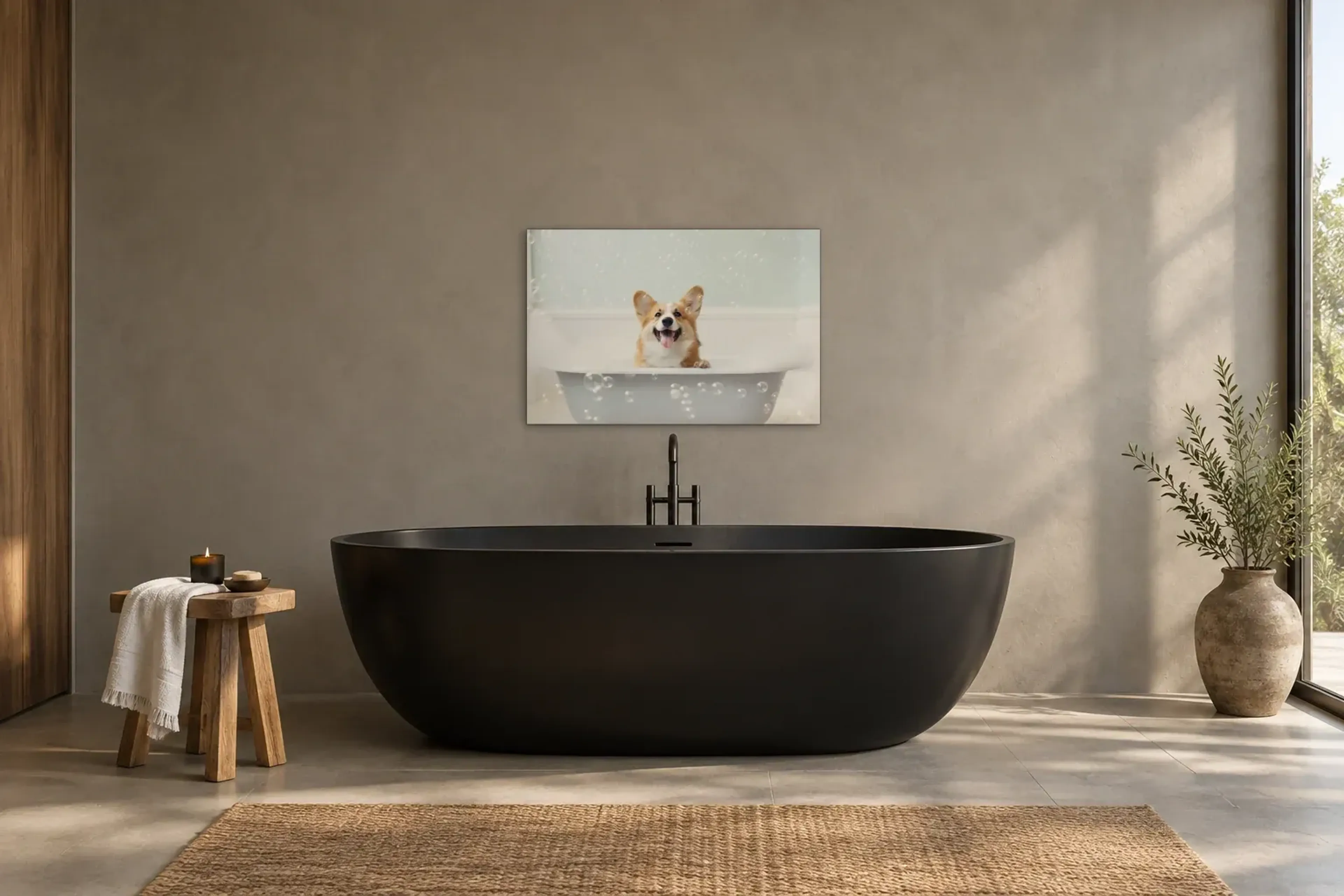 Corgi zwischen Seifenblasen als Wandbild über einer 170-cm-Badewanne