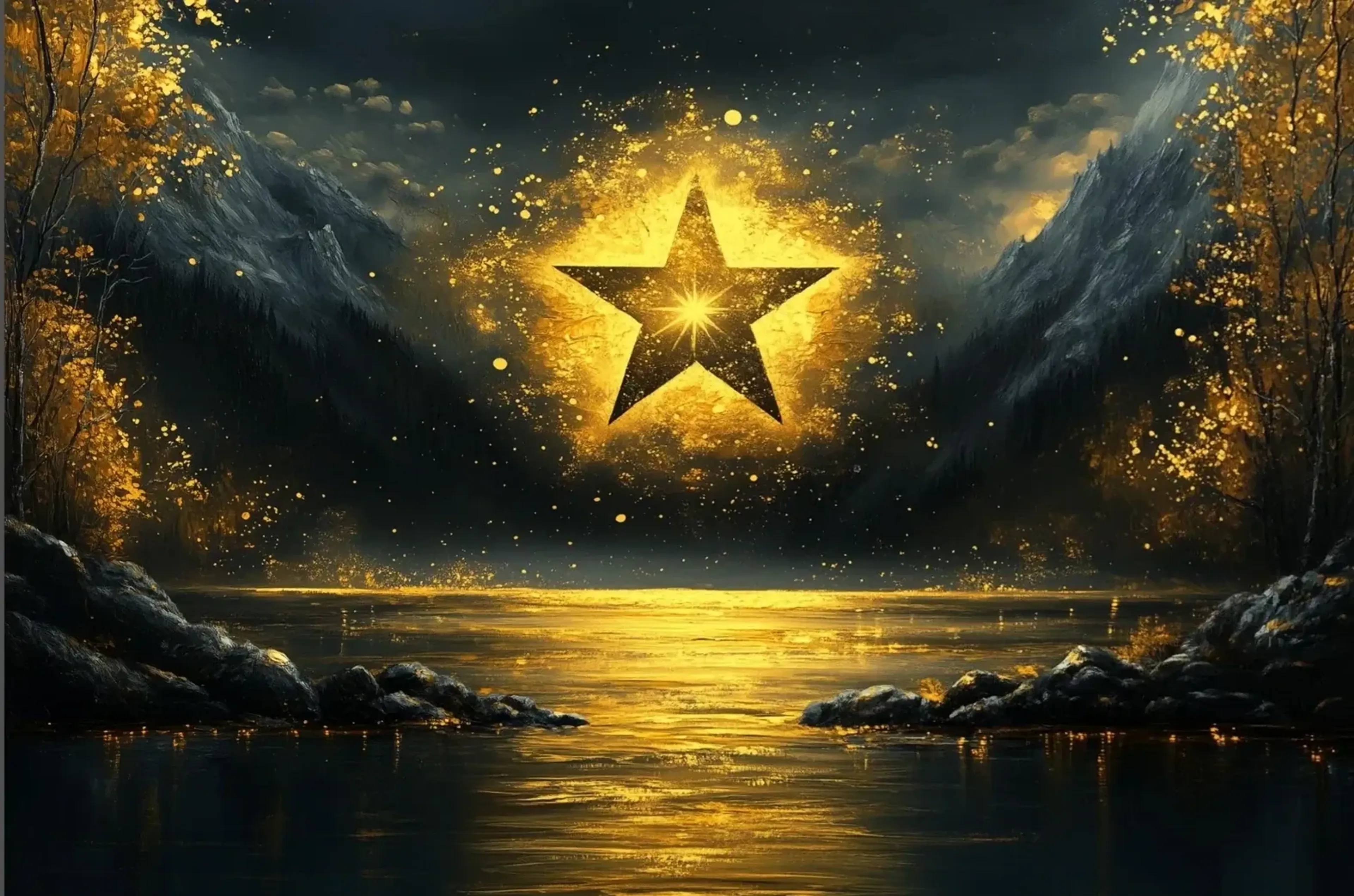 Ein fünfzackiger Stern mit leuchtender Mitte schwebt in goldenem Funkeln über einem dunklen Bergsee.