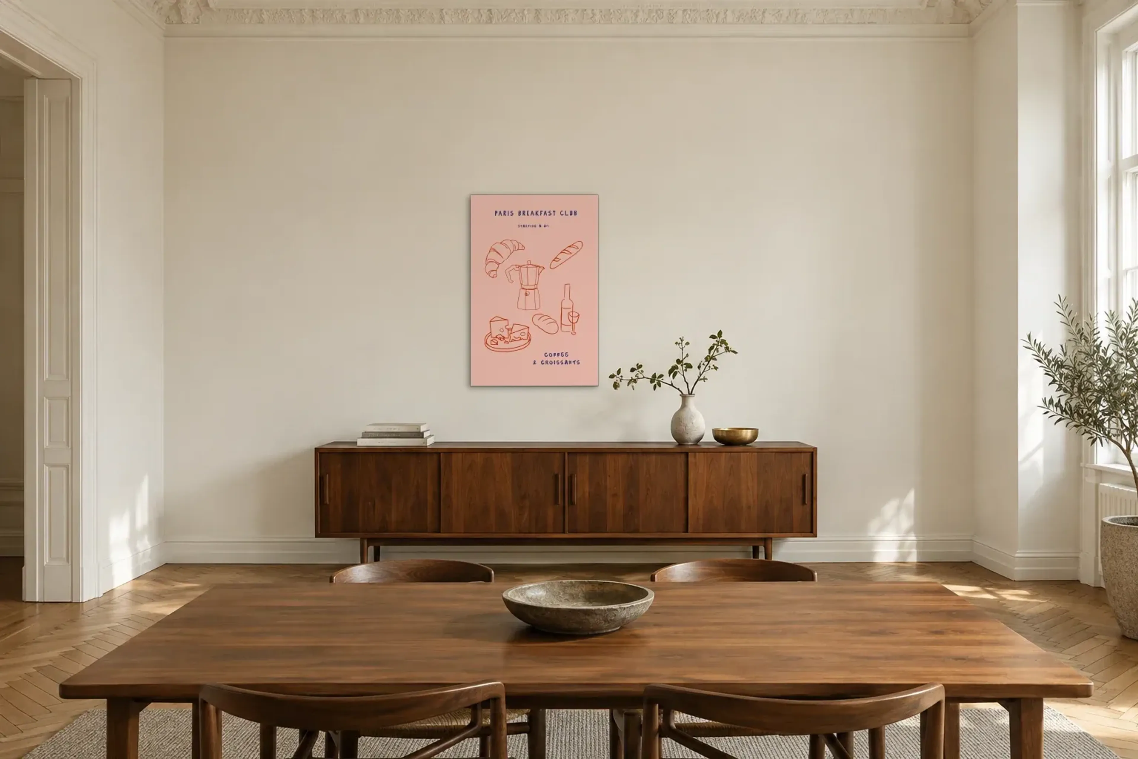 Paris Frühstücksclub als Wandbild über einem 200-cm-Sideboard