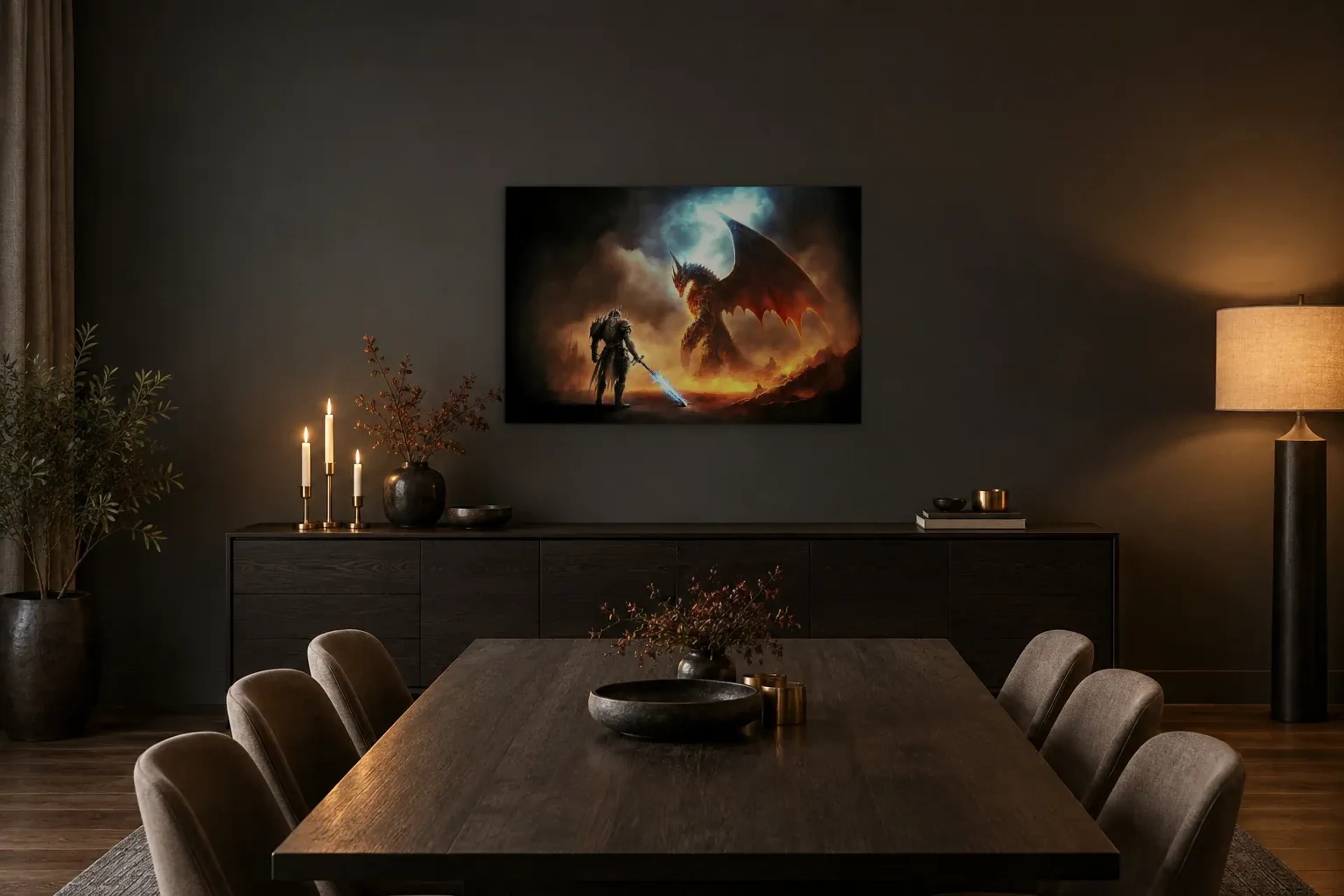 Ritter vor dem Feuerdrachen als Wandbild über einem 180-cm-Sideboard